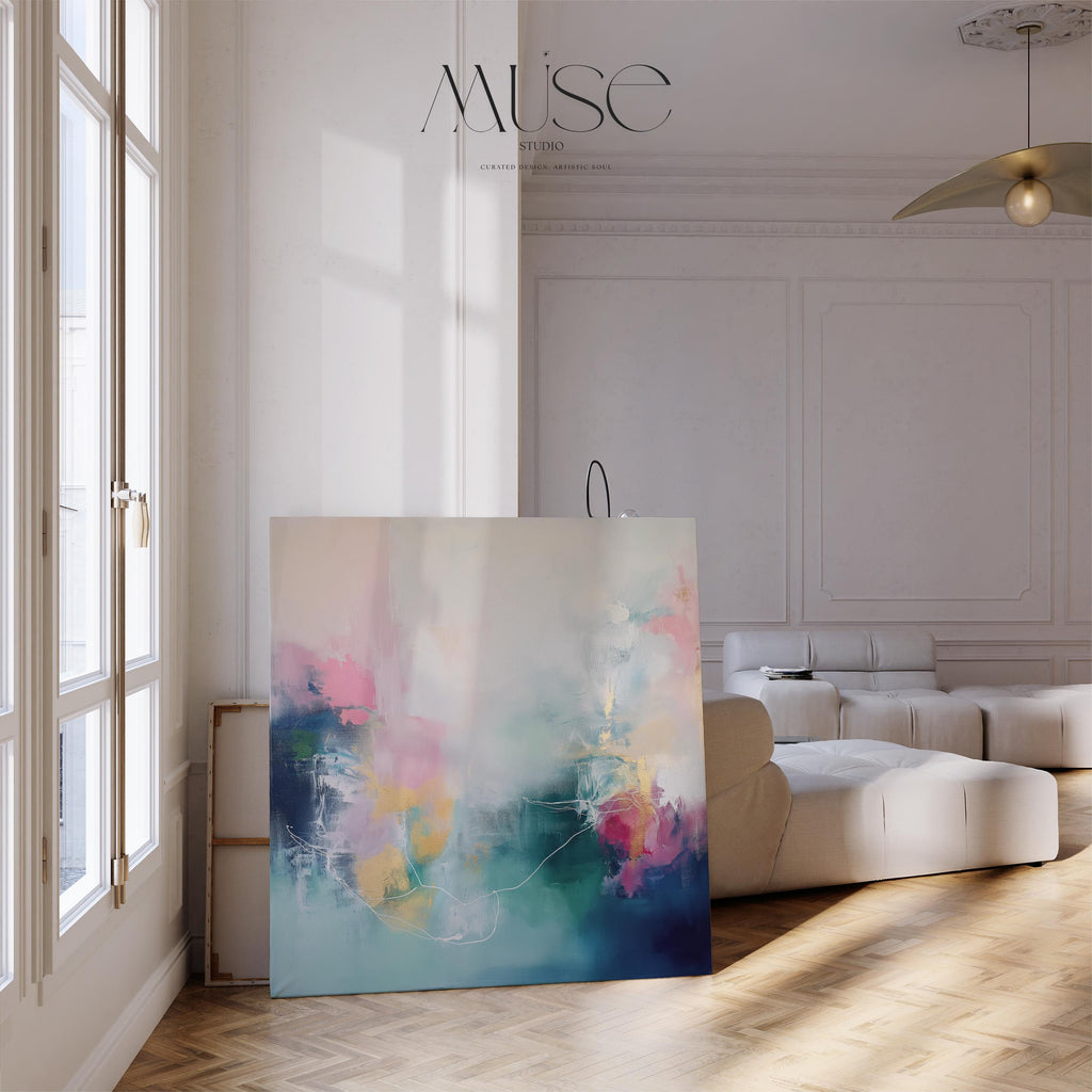 Square framed canvas wall art featuring soft pink, teal, and deep blue abstract brushstrokes in a dreamy layered style. A colorful statement artwork perfect for bedrooms, living rooms, or above the bed. Available in FSC-certified floating frames with a ready-to-hang finish.
