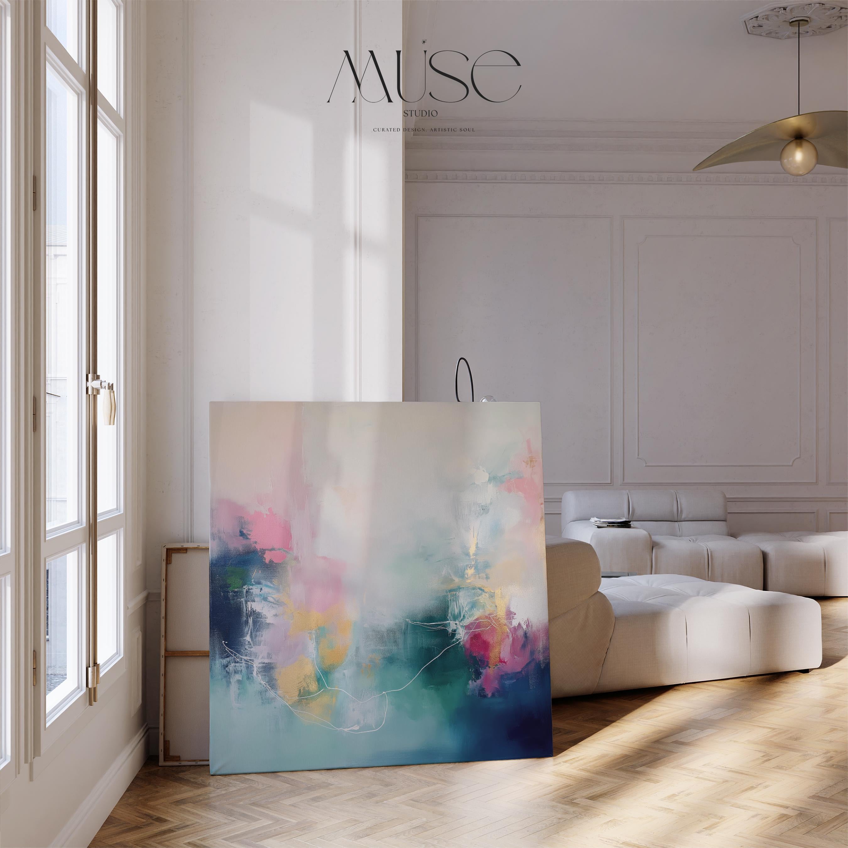 Square framed canvas wall art featuring soft pink, teal, and deep blue abstract brushstrokes in a dreamy layered style. A colorful statement artwork perfect for bedrooms, living rooms, or above the bed. Available in FSC-certified floating frames with a ready-to-hang finish.