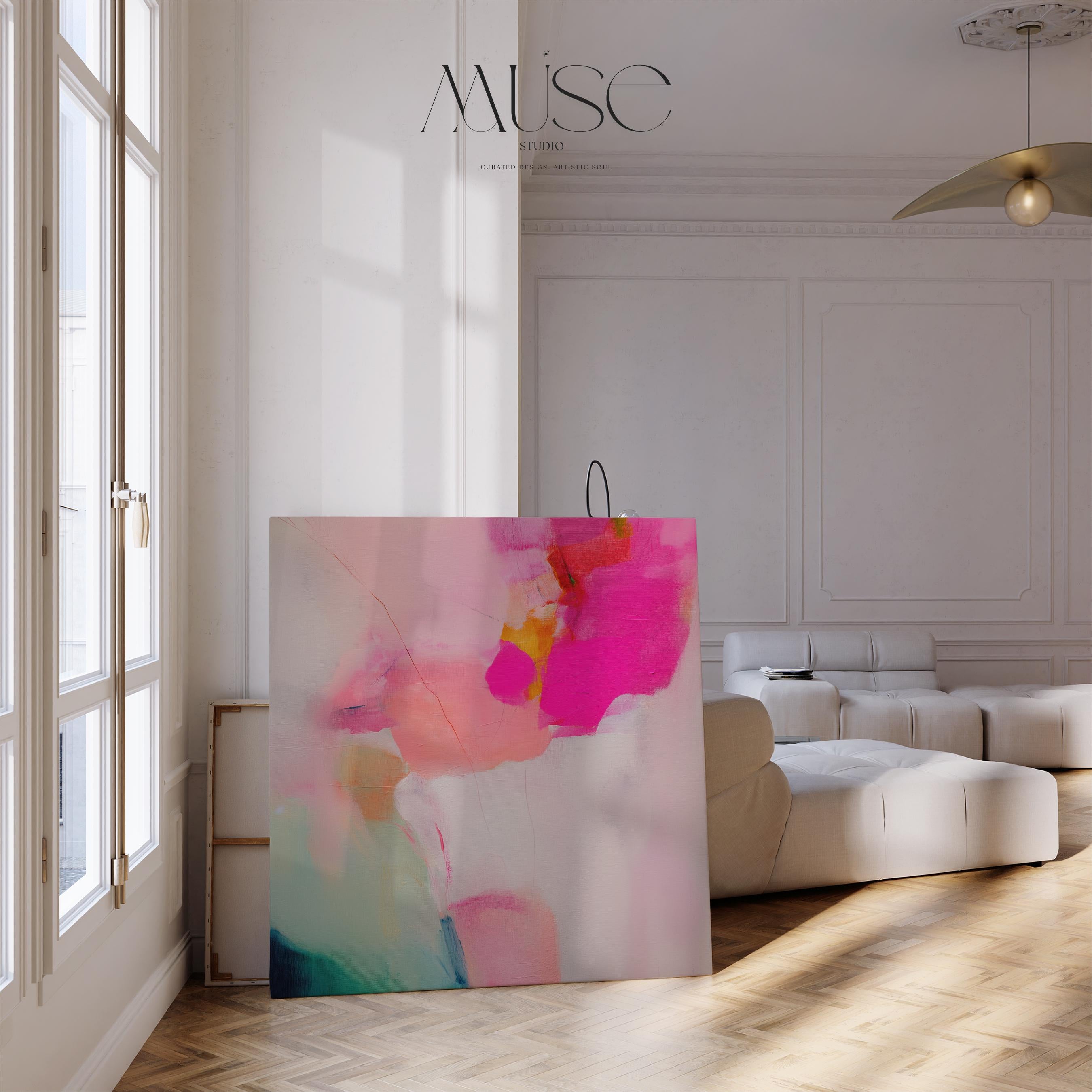 Square canvas wall art featuring bold hot pink and coral brushstrokes with layered abstract textures. A boho color pop statement piece designed to energize modern interiors. Perfect for living rooms, bedrooms, or above-bed styling. Available as gallery-wrapped canvas or floating framed canvas in FSC-certified wood.