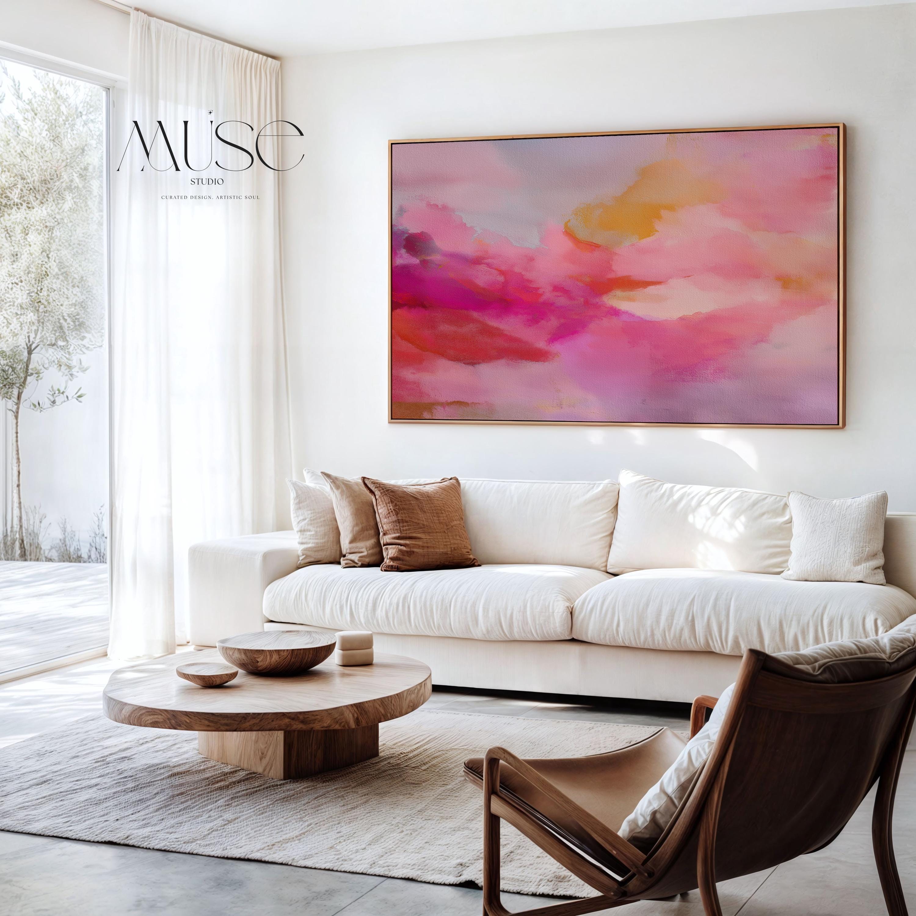 Blush Pink Abstract Canvas Wall Art Horizontal Sunset Painting in Peach and Fuchsia for Bedroom or Above Bed Soft Horizon Decor Muse 477 Framed Canvas Art Colorful abstract wall art on framed canvas, perfect for bold decor art and modern wall decor. Large statement piece with expressive brushstrokes and rich textures. Ready-to-hang giclée canvas designed to energize living rooms, offices, bedrooms and curated interiors. Muse Studio Decor Art.