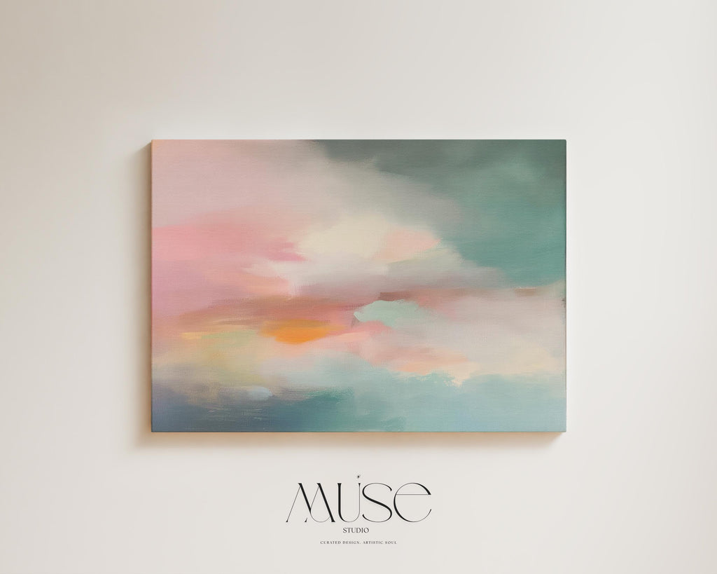Horizontal abstract canvas wall art in soft blush, coral, teal, and gold tones, evoking a peaceful pastel sky over a modern landscape. Perfect for large living rooms, bedrooms, or transitional spaces. Available as a fine art poster or canvas wall art for curated, color-forward decor.