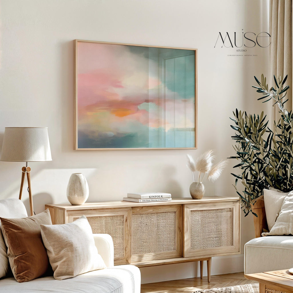 Horizontal abstract giclée art print in blush, peach, and teal, printed on archival paper with a painterly sky-inspired design. Perfect for bedrooms, offices, or modern interiors seeking soft, layered color. Available as a fine art poster or canvas wall art for curated, color-forward decor.