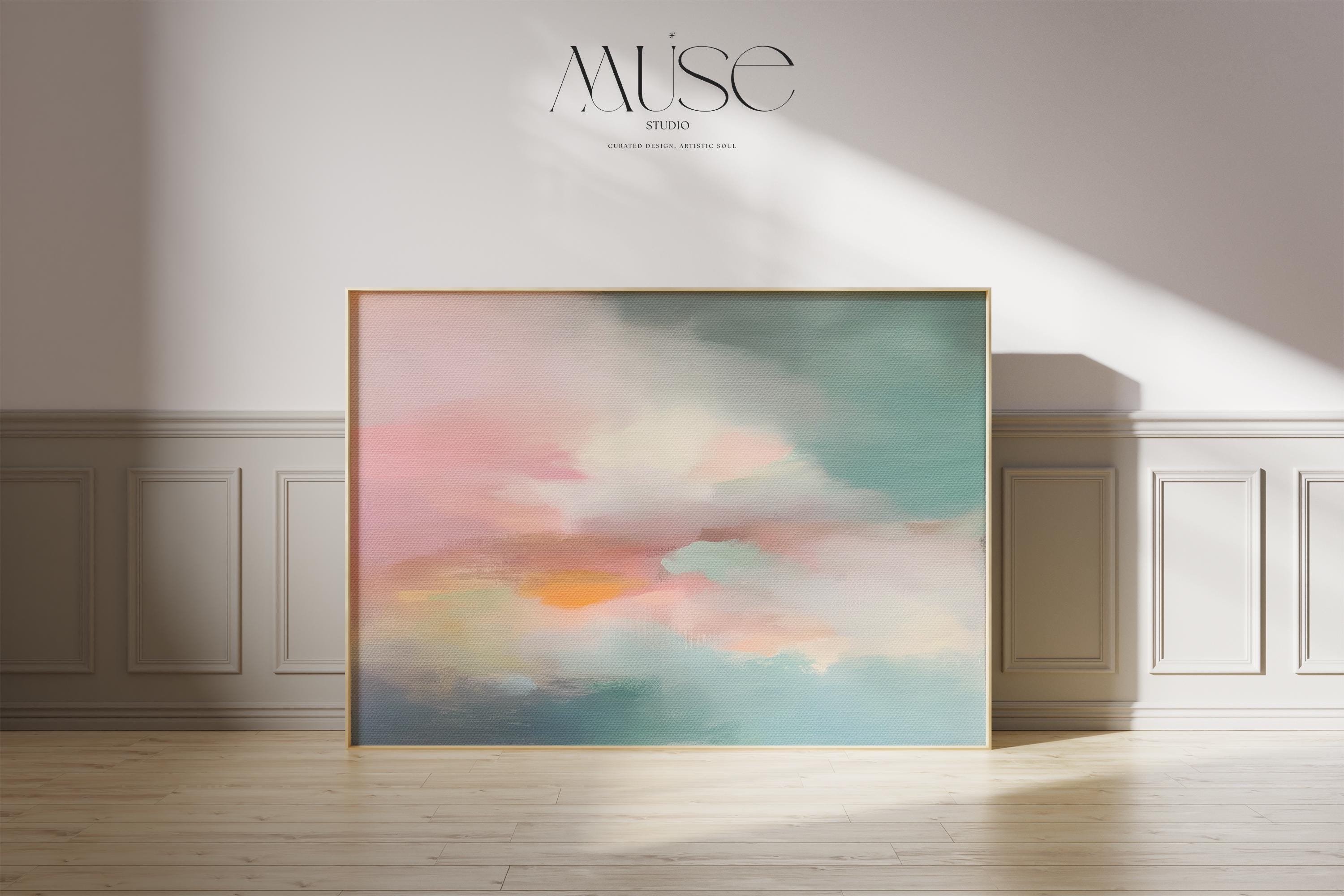 Horizontal abstract giclée art print in blush, peach, and teal, printed on archival paper with a painterly sky-inspired design. Perfect for bedrooms, offices, or modern interiors seeking soft, layered color. Available as a fine art poster or canvas wall art for curated, color-forward decor.