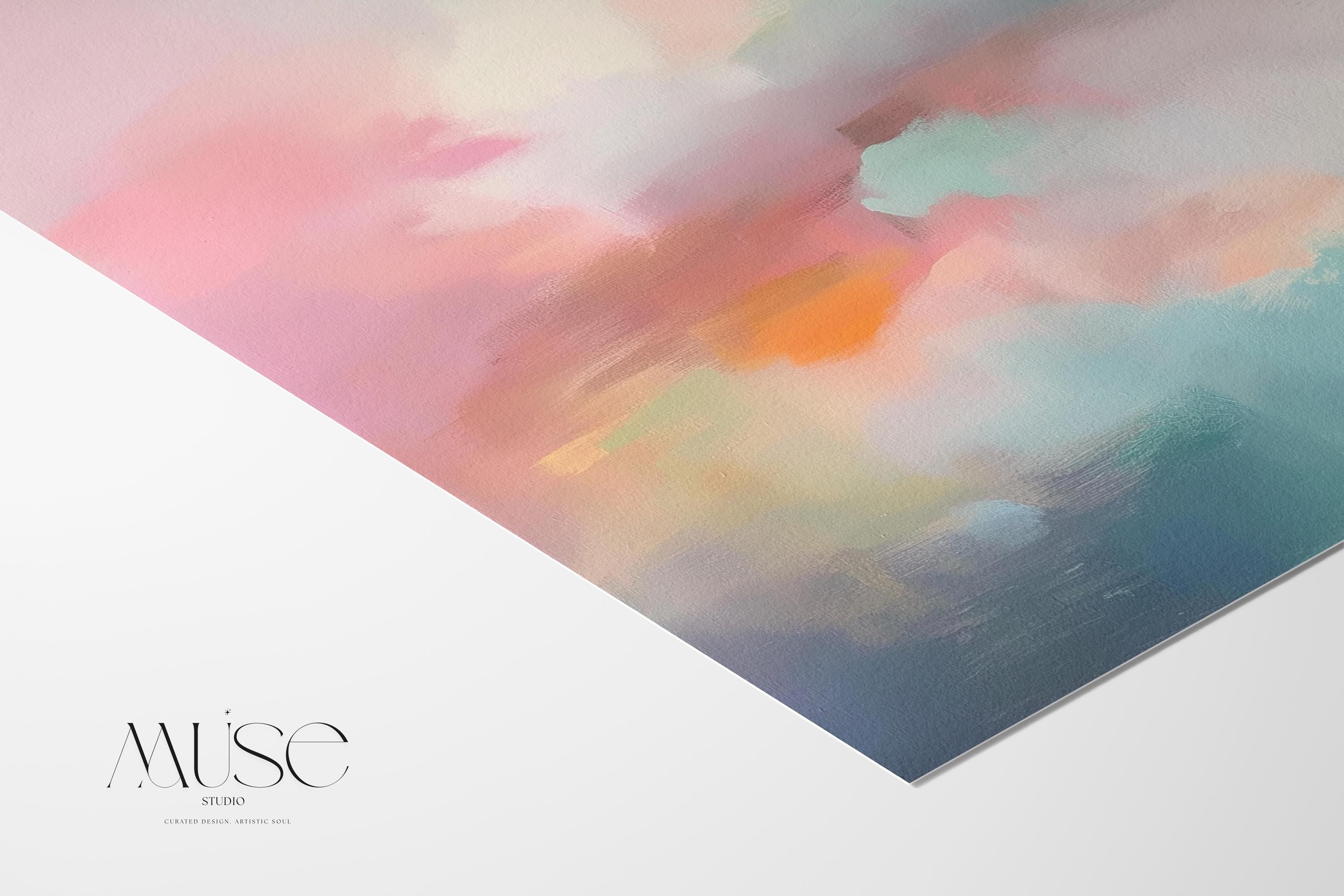 Horizontal abstract giclée art print in blush, peach, and teal, printed on archival paper with a painterly sky-inspired design. Perfect for bedrooms, offices, or modern interiors seeking soft, layered color. Available as a fine art poster or canvas wall art for curated, color-forward decor.
