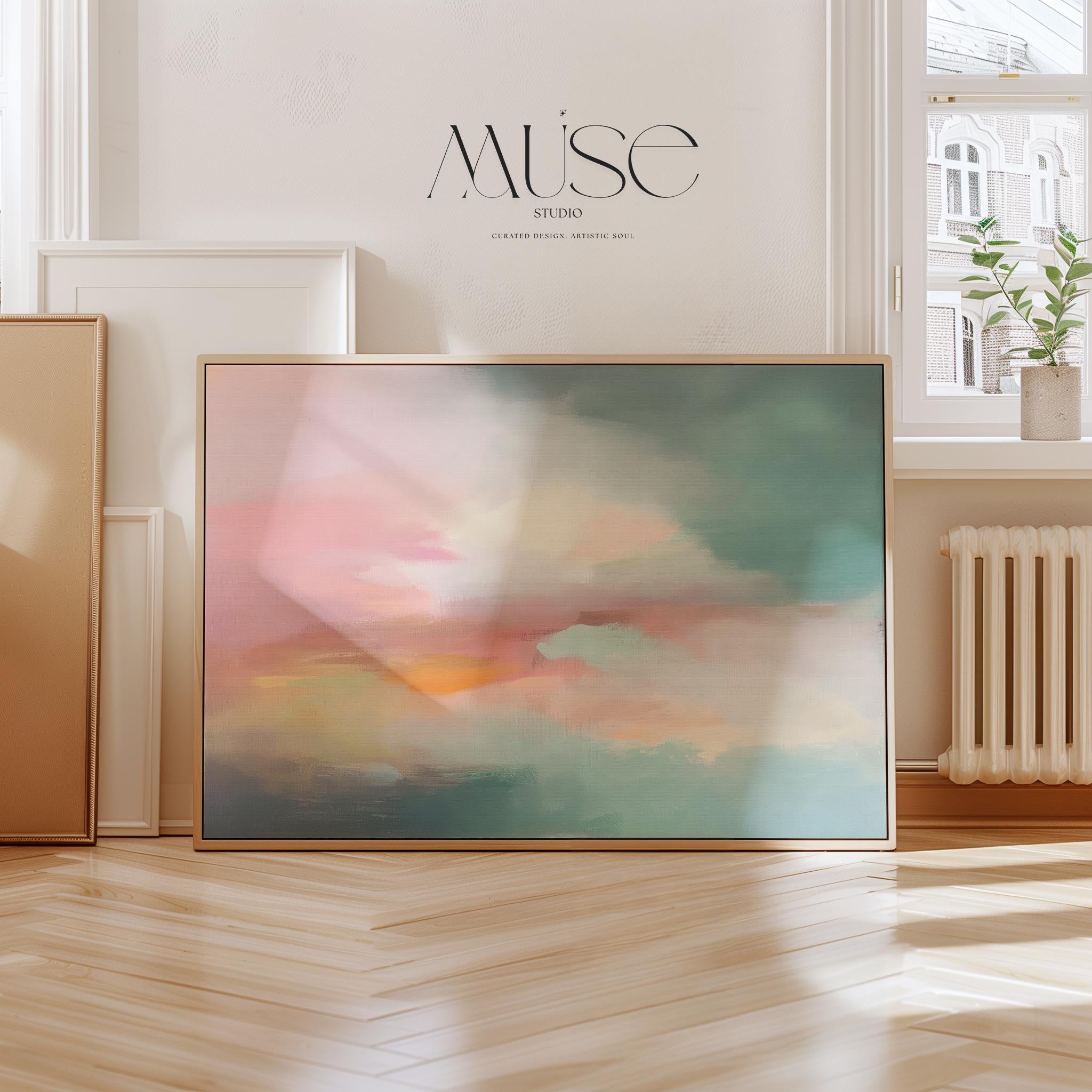 Horizontal abstract giclée art print in blush, peach, and teal, printed on archival paper with a painterly sky-inspired design. Perfect for bedrooms, offices, or modern interiors seeking soft, layered color. Available as a fine art poster or canvas wall art for curated, color-forward decor.