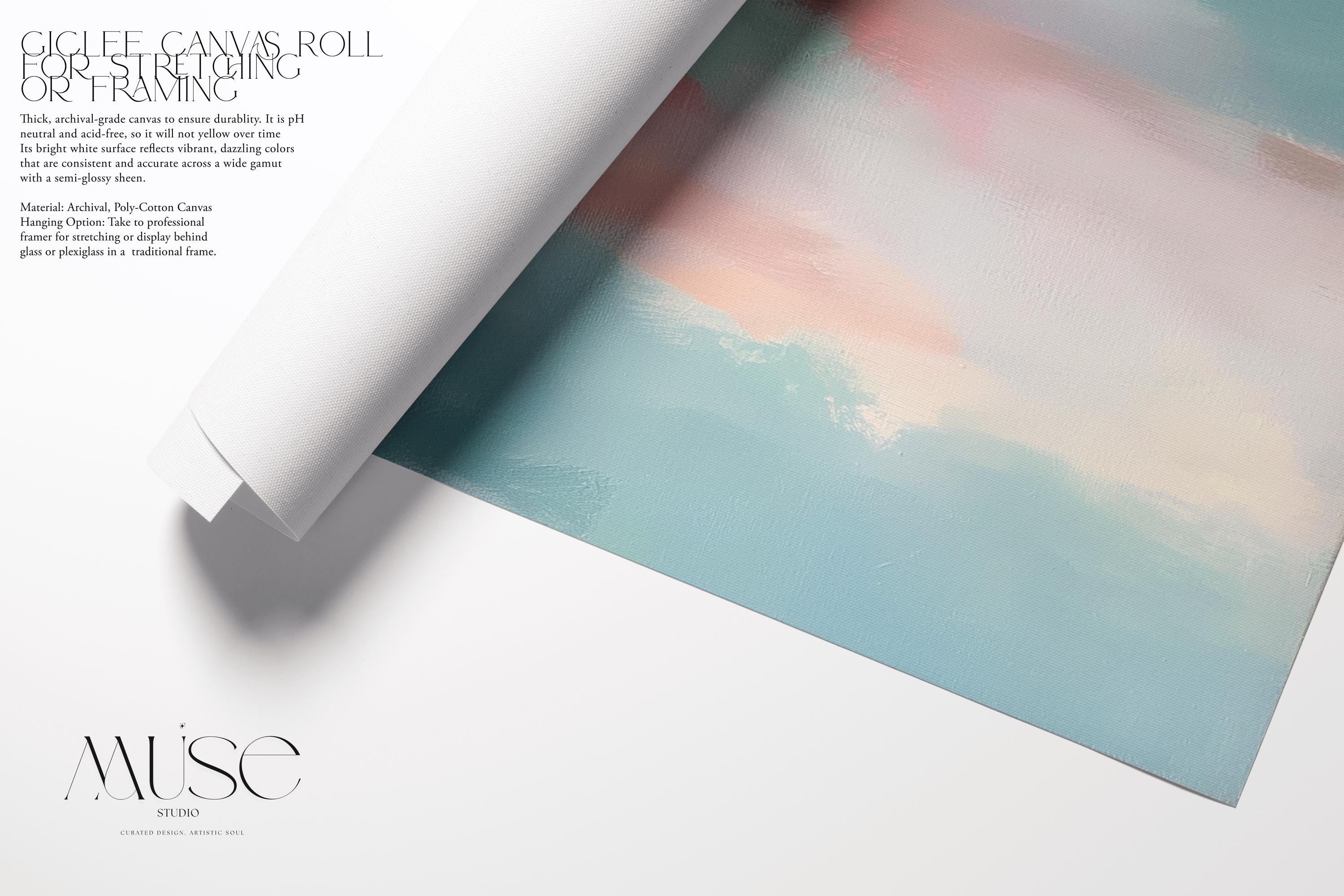 Horizontal abstract giclée art print in blush, peach, and teal, printed on archival paper with a painterly sky-inspired design. Perfect for bedrooms, offices, or modern interiors seeking soft, layered color. Available as a fine art poster or canvas wall art for curated, color-forward decor.