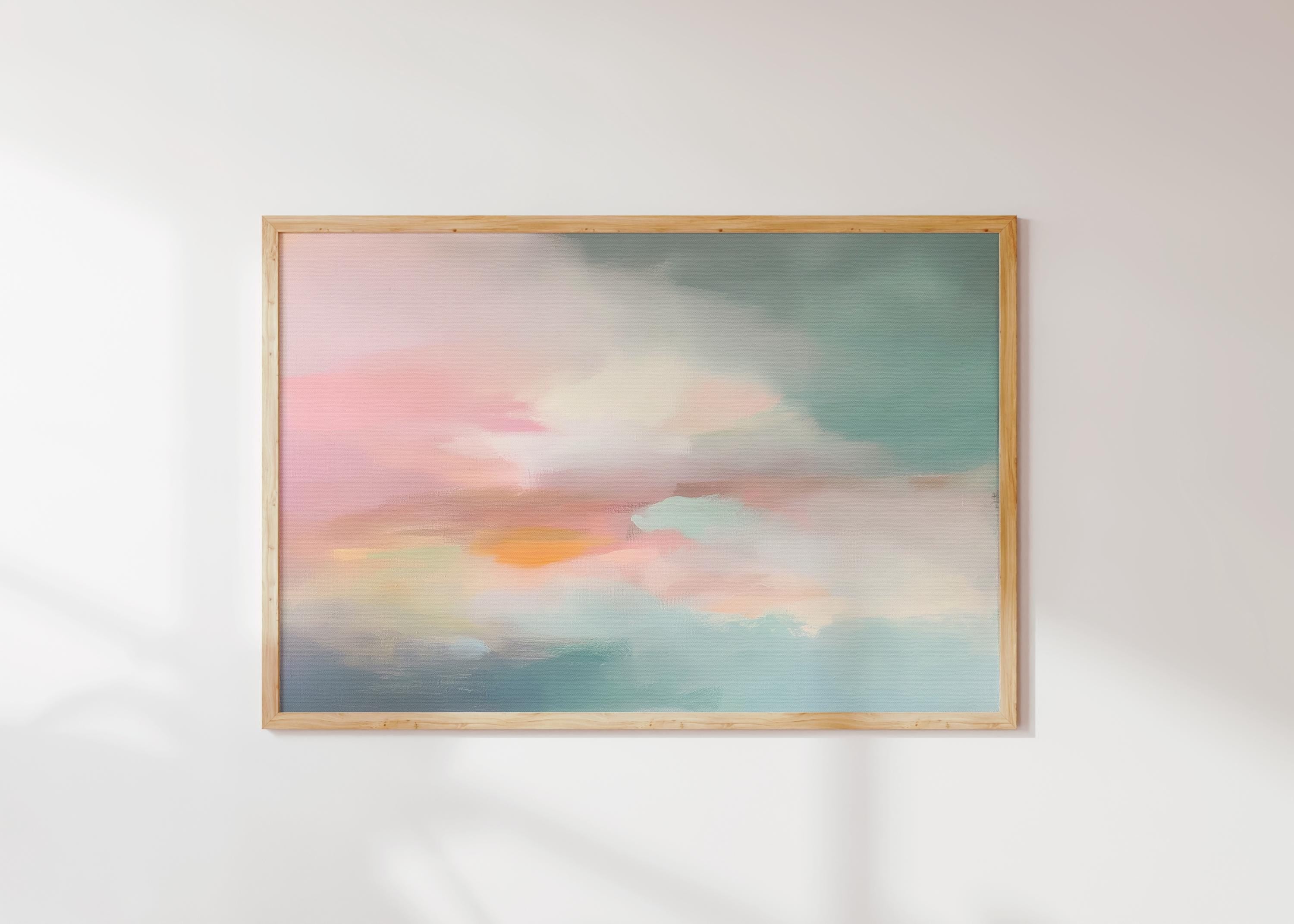 Horizontal abstract giclée art print in blush, peach, and teal, printed on archival paper with a painterly sky-inspired design. Perfect for bedrooms, offices, or modern interiors seeking soft, layered color. Available as a fine art poster or canvas wall art for curated, color-forward decor.