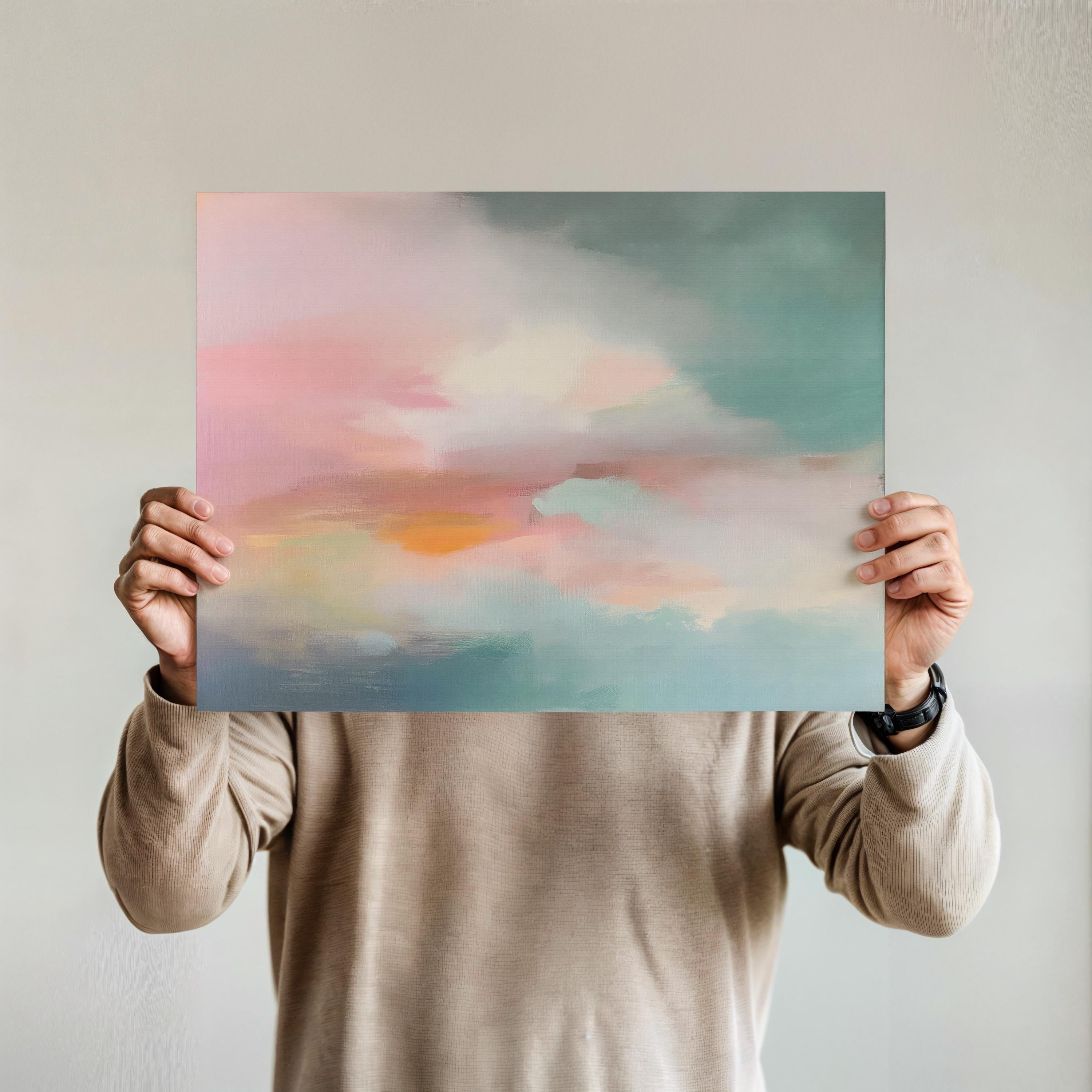 Horizontal abstract giclée art print in blush, peach, and teal, printed on archival paper with a painterly sky-inspired design. Perfect for bedrooms, offices, or modern interiors seeking soft, layered color. Available as a fine art poster or canvas wall art for curated, color-forward decor.