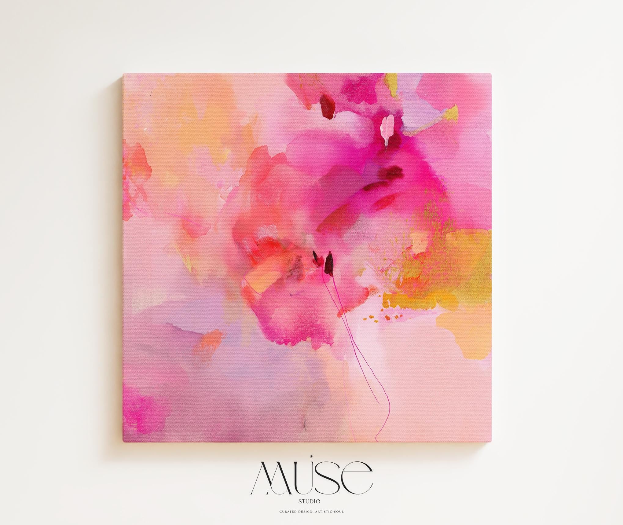 Colorful abstract canvas wall art in vivid fuchsia, peach, and lilac tones with expressive brushwork. A bold color pop statement for eclectic bedrooms or creative studio spaces. Available as a gallery-wrapped canvas or framed canvas wall art for curated, color-forward decor.