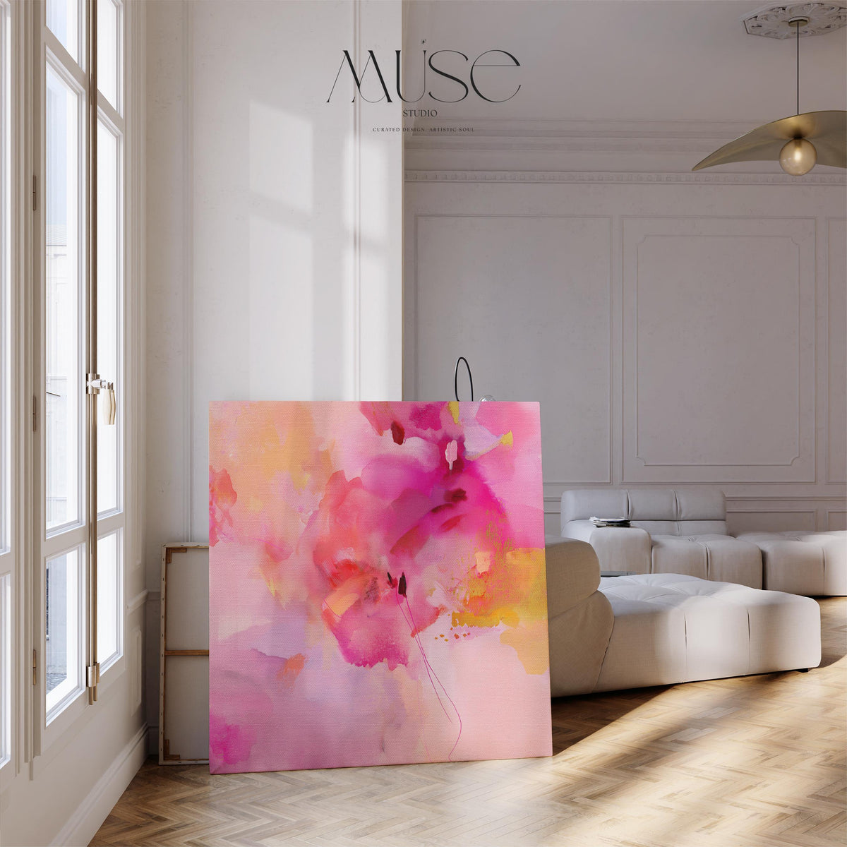 Colorful abstract canvas wall art in vivid fuchsia, peach, and lilac tones with expressive brushwork. A bold color pop statement for eclectic bedrooms or creative studio spaces. Available as a gallery-wrapped canvas or framed canvas wall art for curated, color-forward decor.