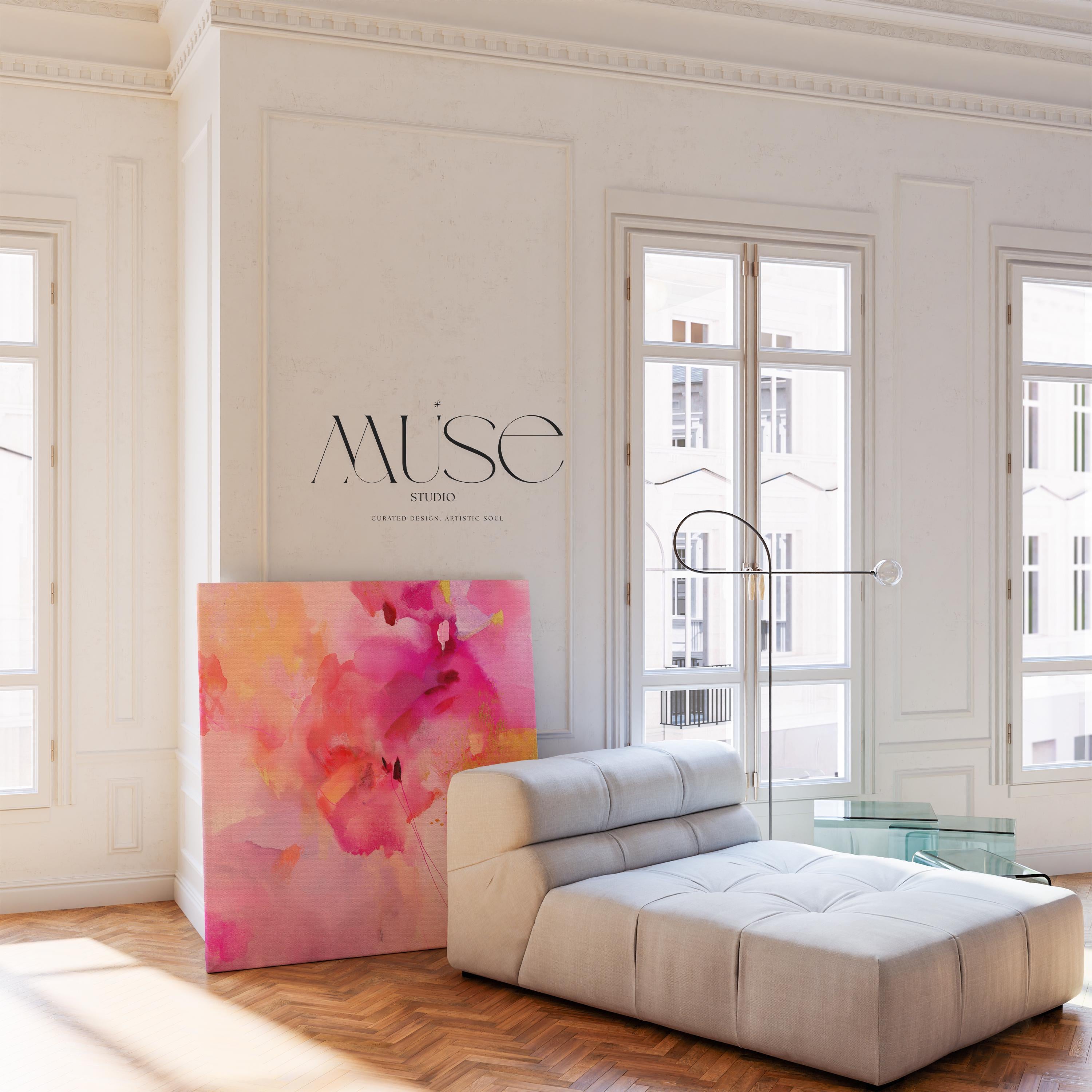 Colorful abstract canvas wall art in vivid fuchsia, peach, and lilac tones with expressive brushwork. A bold color pop statement for eclectic bedrooms or creative studio spaces. Available as a gallery-wrapped canvas or framed canvas wall art for curated, color-forward decor.