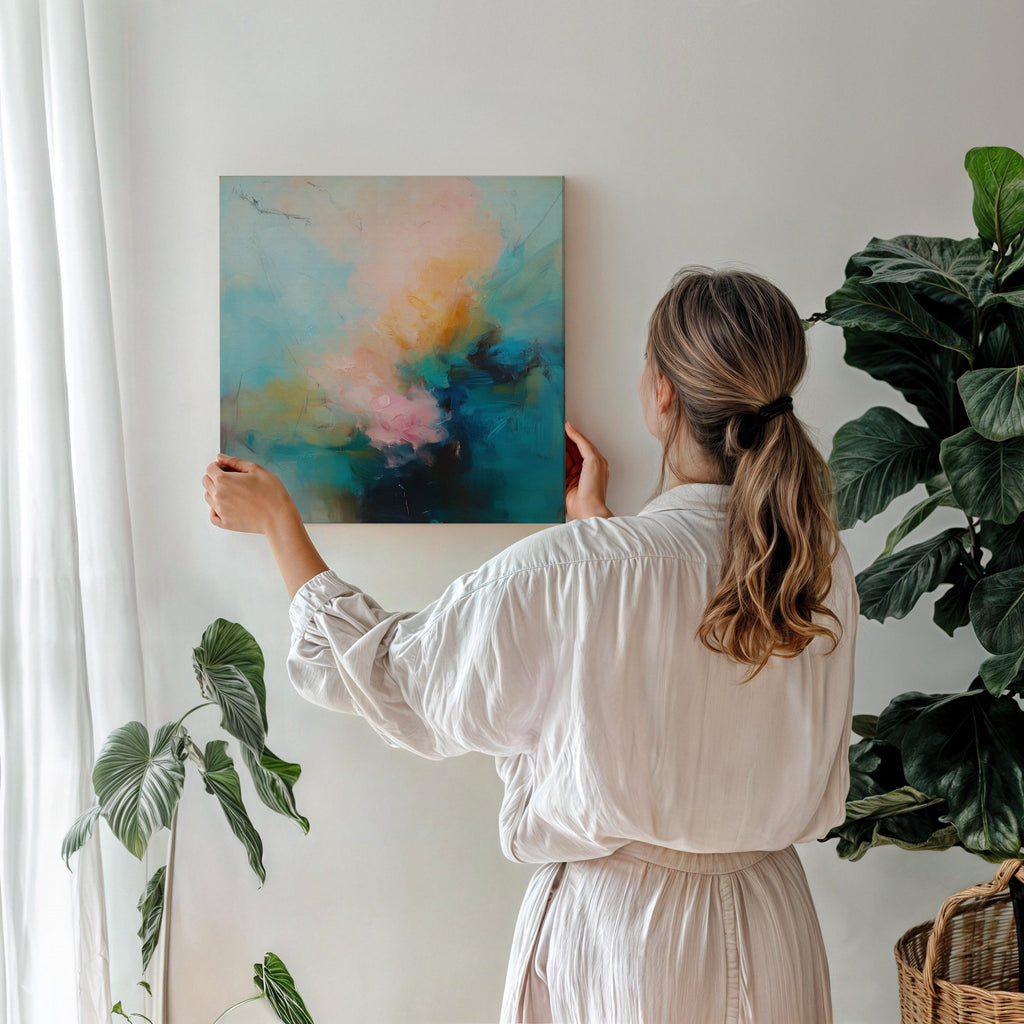 Soft pastel abstract canvas wall art with teal blue, blush pink, and golden amber hues in a layered painterly style. Designed for warm minimalist decor and serene bedroom or living room interiors. Available as fine art poster or canvas wall art for curated, color-forward decor.