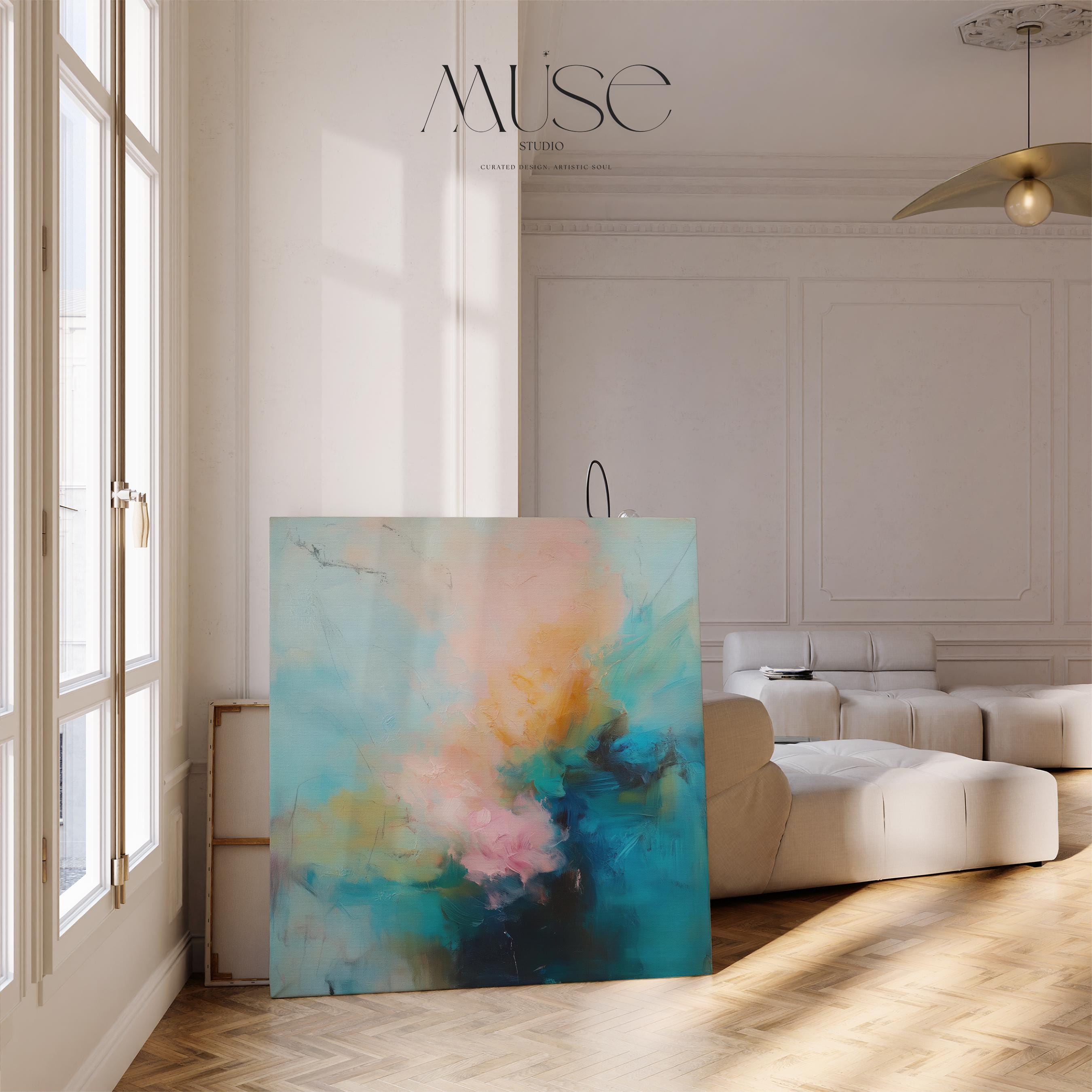 Soft pastel abstract canvas wall art with teal blue, blush pink, and golden amber hues in a layered painterly style. Designed for warm minimalist decor and serene bedroom or living room interiors. Available as fine art poster or canvas wall art for curated, color-forward decor.