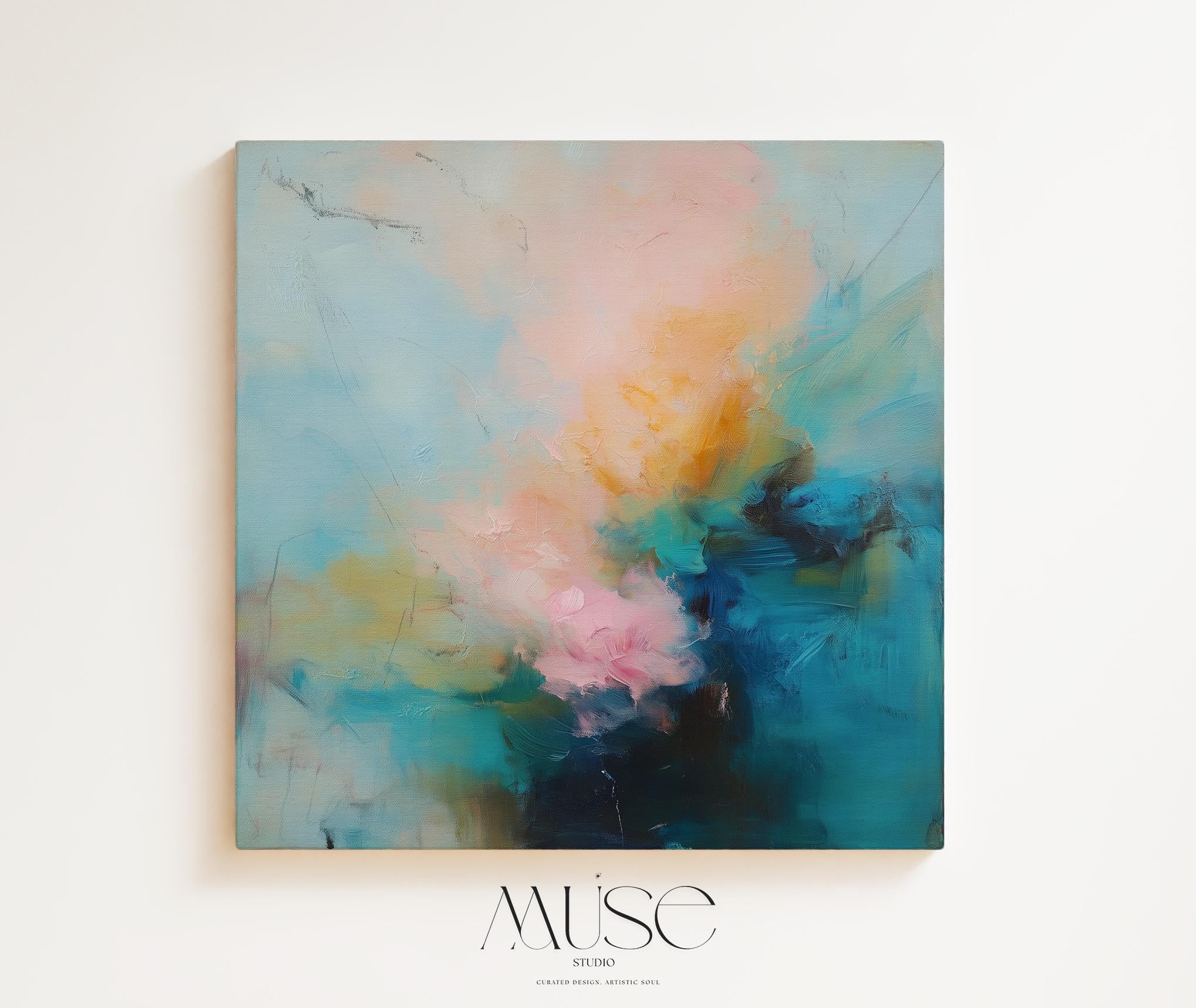 Soft pastel abstract canvas wall art with teal blue, blush pink, and golden amber hues in a layered painterly style. Designed for warm minimalist decor and serene bedroom or living room interiors. Available as fine art poster or canvas wall art for curated, color-forward decor.