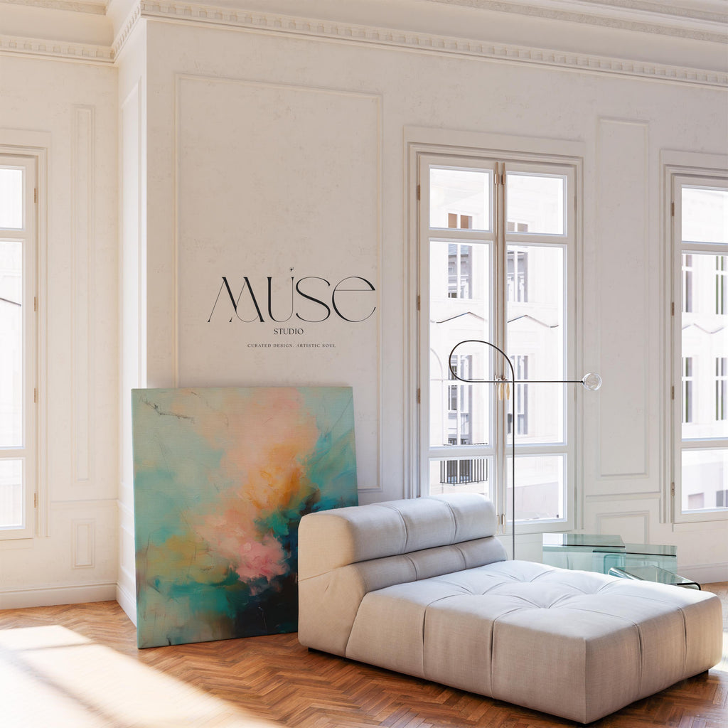 Soft pastel abstract canvas wall art with teal blue, blush pink, and golden amber hues in a layered painterly style. Designed for warm minimalist decor and serene bedroom or living room interiors. Available as fine art poster or canvas wall art for curated, color-forward decor.