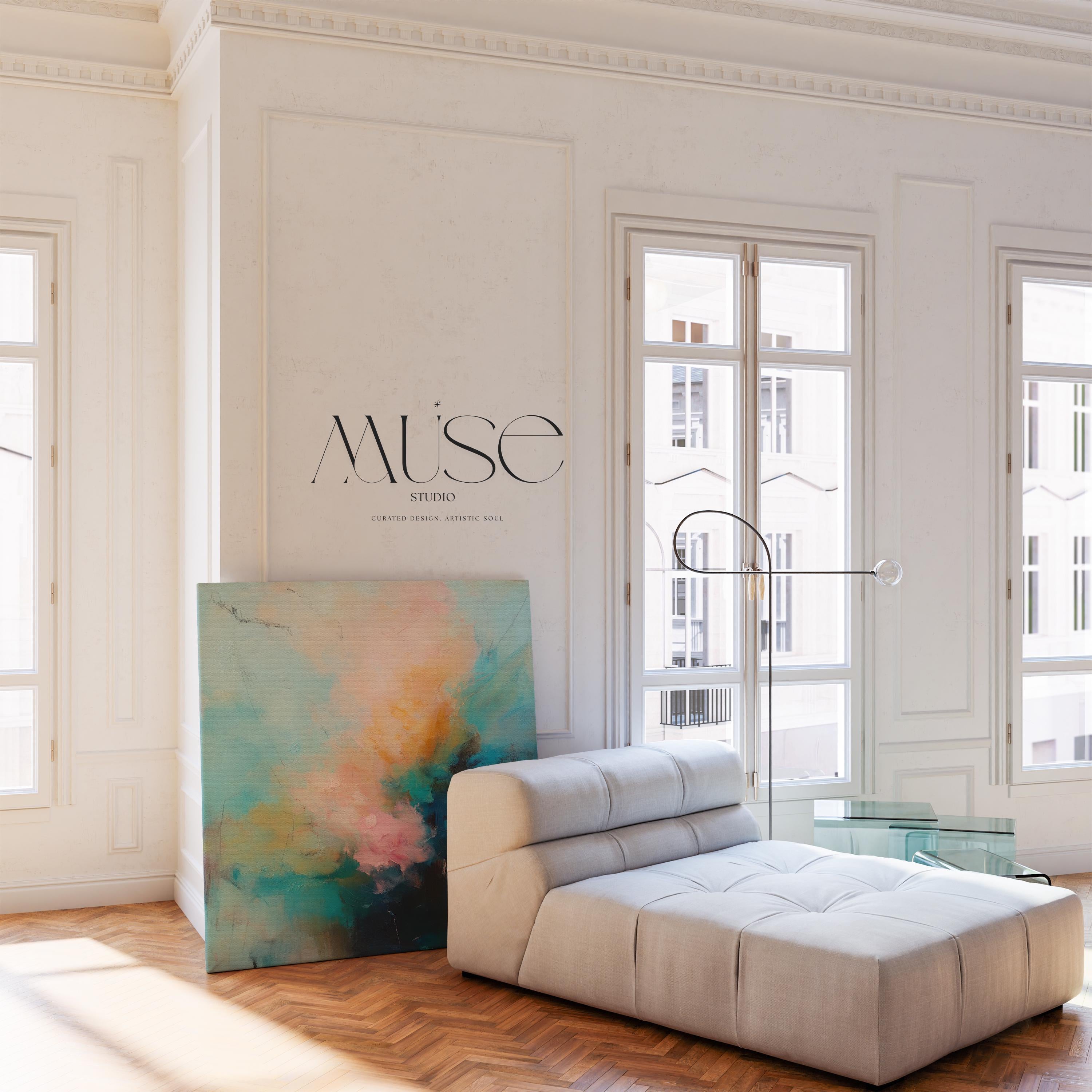 Soft pastel abstract canvas wall art with teal blue, blush pink, and golden amber hues in a layered painterly style. Designed for warm minimalist decor and serene bedroom or living room interiors. Available as fine art poster or canvas wall art for curated, color-forward decor.