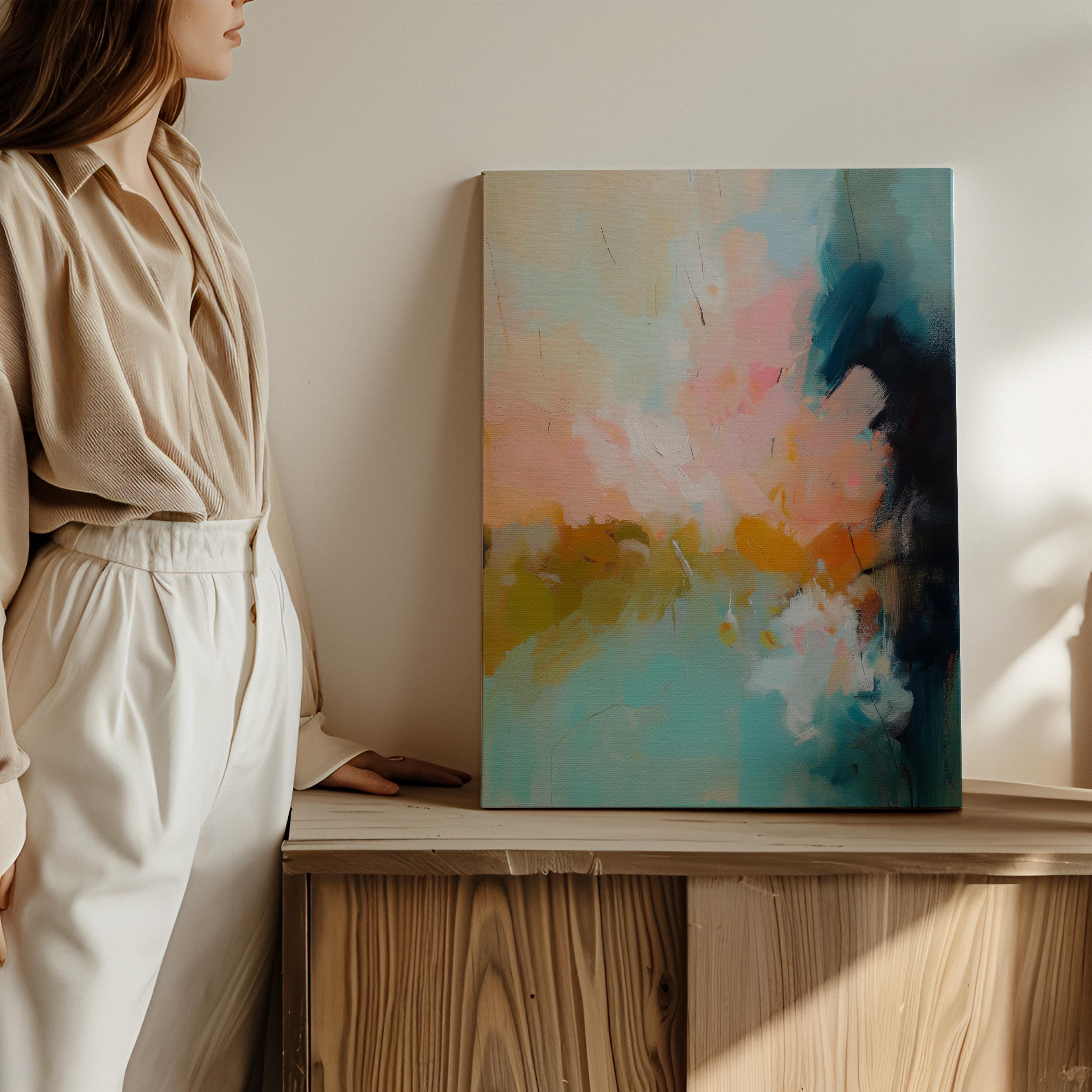 Earth-toned abstract canvas wall art featuring soft sage, teal, dusty blush, and deep sienna. Painterly texture flows across a warm neutral backdrop, ideal for soft contemporary or transitional interiors. Perfect for large bedroom walls or curated entryway decor. Available as a fine art poster or canvas wall art for curated, color-forward decor.