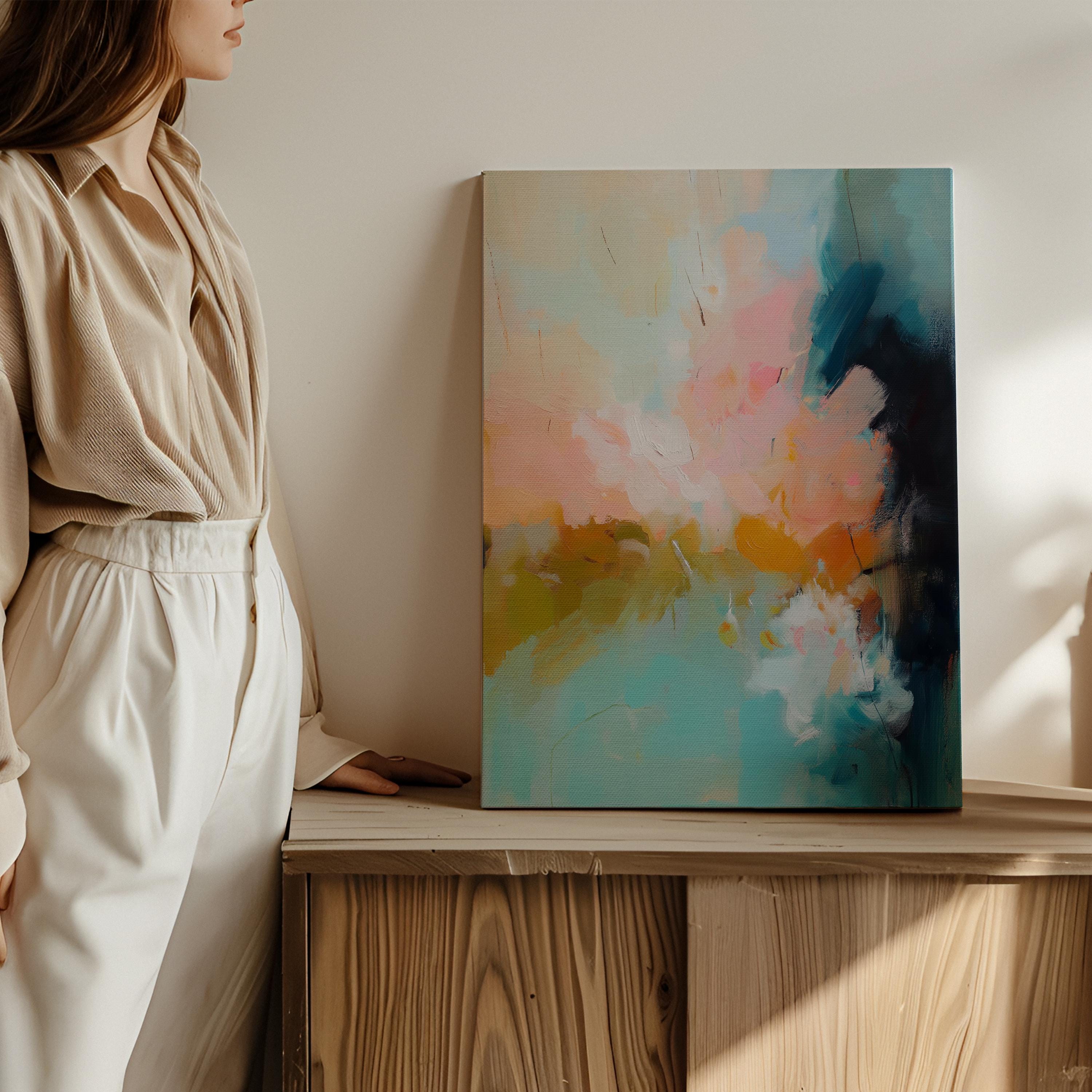 Earth-toned abstract canvas wall art featuring soft sage, teal, dusty blush, and deep sienna. Painterly texture flows across a warm neutral backdrop, ideal for soft contemporary or transitional interiors. Perfect for large bedroom walls or curated entryway decor. Available as a fine art poster or canvas wall art for curated, color-forward decor.