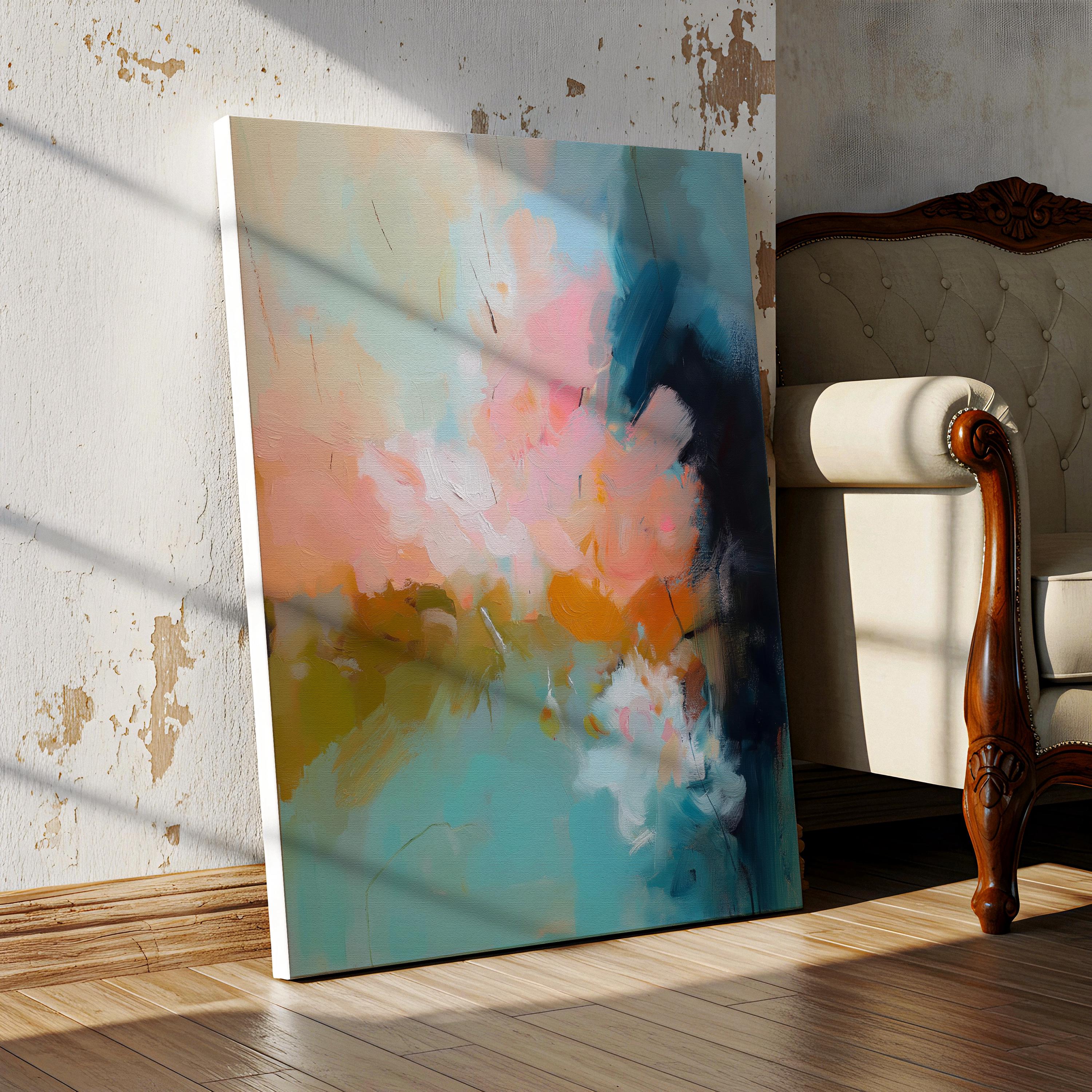 Earth-toned abstract canvas wall art featuring soft sage, teal, dusty blush, and deep sienna. Painterly texture flows across a warm neutral backdrop, ideal for soft contemporary or transitional interiors. Perfect for large bedroom walls or curated entryway decor. Available as a fine art poster or canvas wall art for curated, color-forward decor.