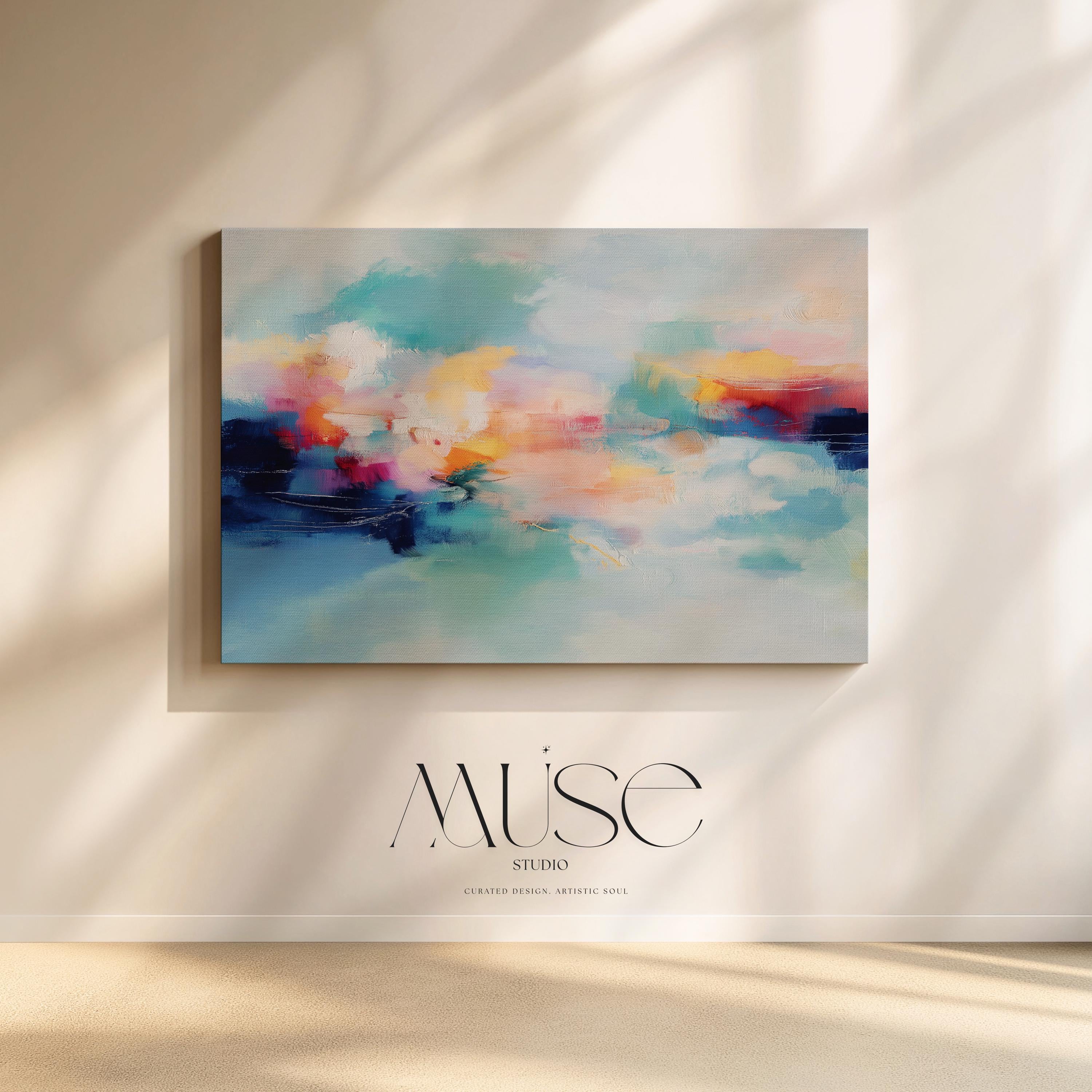 Coastal abstract canvas wall art featuring aqua blue, coral, soft peach, and cloud white. Painterly brushwork evokes ocean movement and warm light, styled for modern living rooms, spa-inspired entryways, or calm office decor. A fresh take on color pop neutrals. Available as a fine art poster or canvas wall art for curated, color-forward decor.