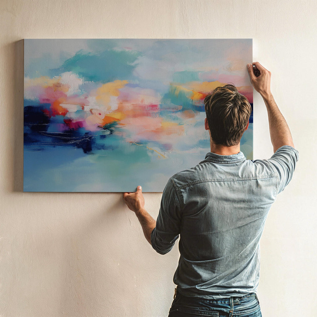 Coastal abstract canvas wall art featuring aqua blue, coral, soft peach, and cloud white. Painterly brushwork evokes ocean movement and warm light, styled for modern living rooms, spa-inspired entryways, or calm office decor. A fresh take on color pop neutrals. Available as a fine art poster or canvas wall art for curated, color-forward decor.