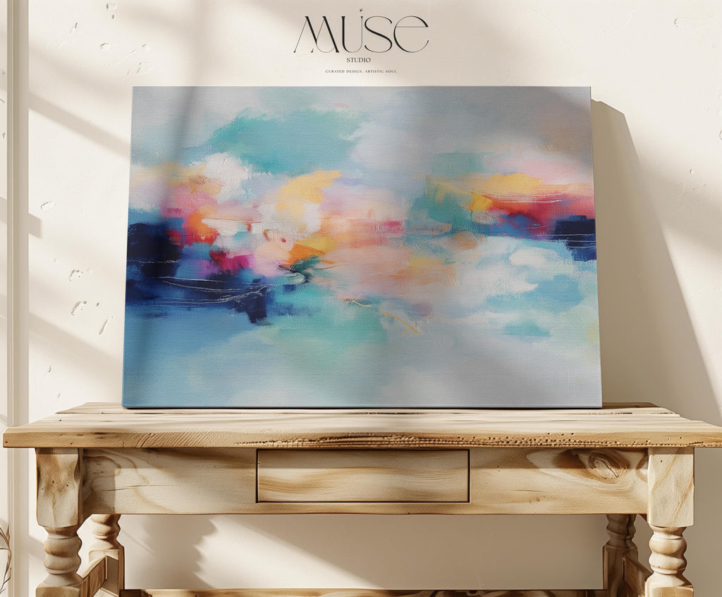 Coastal abstract canvas wall art featuring aqua blue, coral, soft peach, and cloud white. Painterly brushwork evokes ocean movement and warm light, styled for modern living rooms, spa-inspired entryways, or calm office decor. A fresh take on color pop neutrals. Available as a fine art poster or canvas wall art for curated, color-forward decor.
