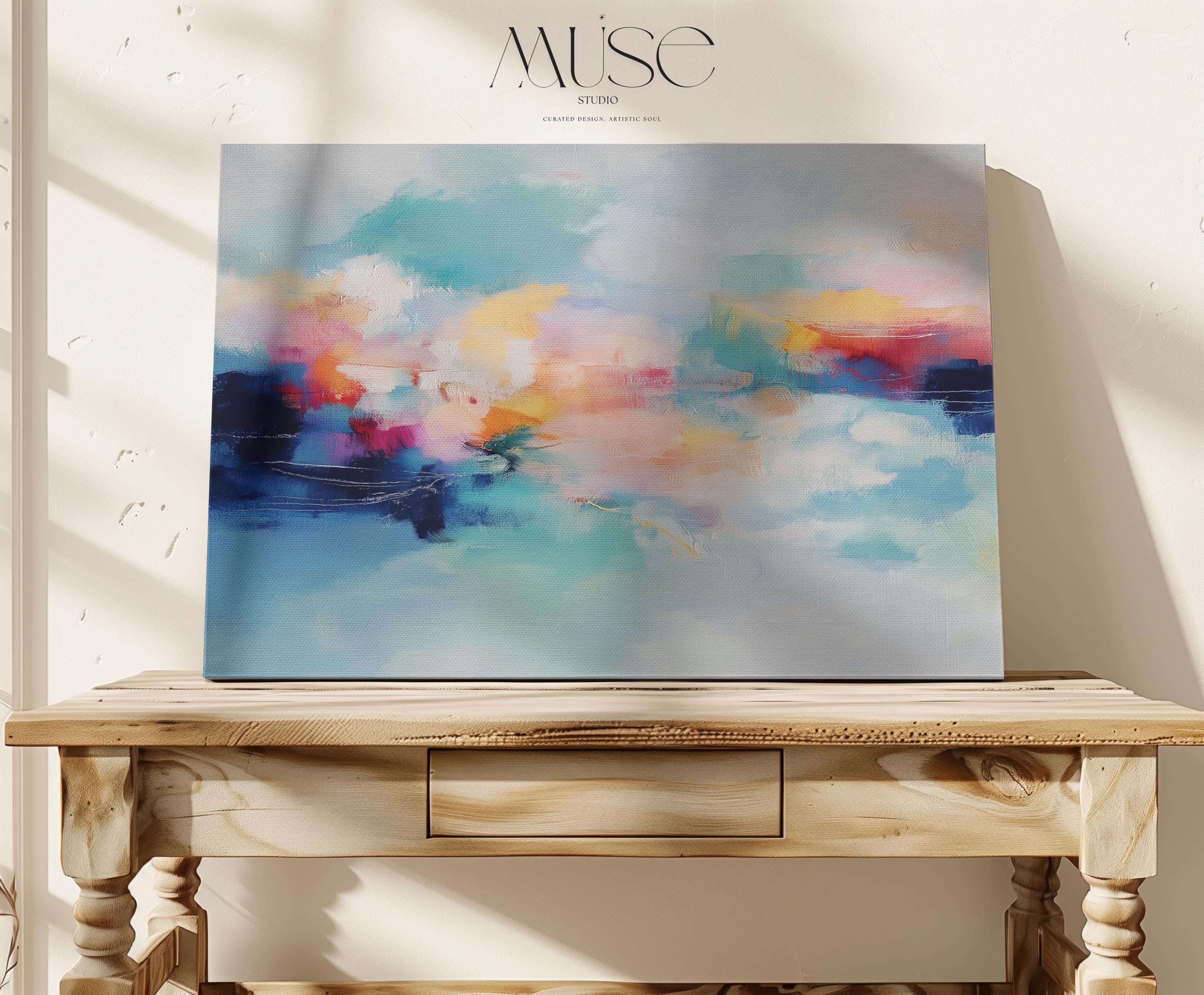 Coastal abstract canvas wall art featuring aqua blue, coral, soft peach, and cloud white. Painterly brushwork evokes ocean movement and warm light, styled for modern living rooms, spa-inspired entryways, or calm office decor. A fresh take on color pop neutrals. Available as a fine art poster or canvas wall art for curated, color-forward decor.