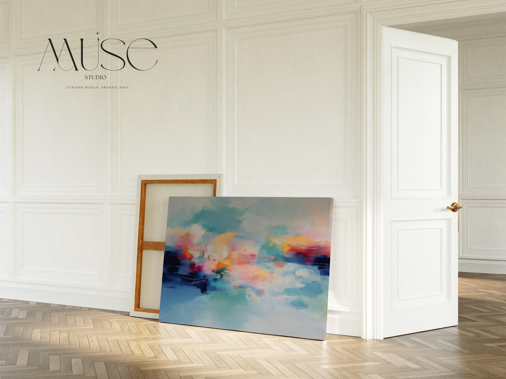 Coastal abstract canvas wall art featuring aqua blue, coral, soft peach, and cloud white. Painterly brushwork evokes ocean movement and warm light, styled for modern living rooms, spa-inspired entryways, or calm office decor. A fresh take on color pop neutrals. Available as a fine art poster or canvas wall art for curated, color-forward decor.