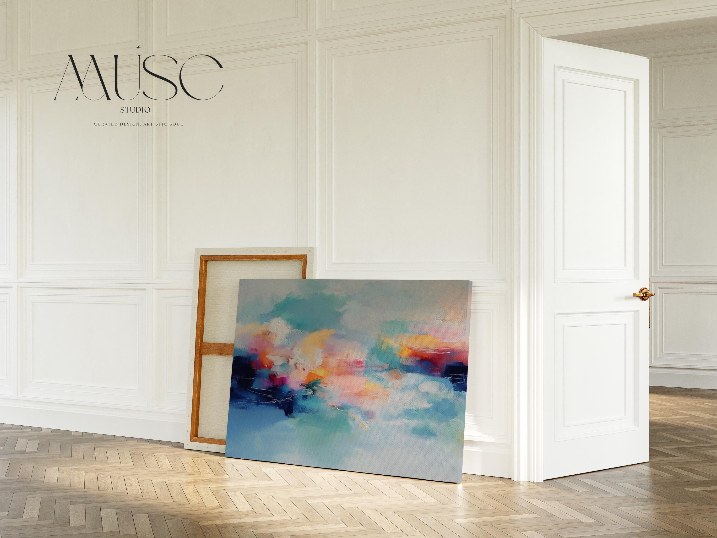 Coastal abstract canvas wall art featuring aqua blue, coral, soft peach, and cloud white. Painterly brushwork evokes ocean movement and warm light, styled for modern living rooms, spa-inspired entryways, or calm office decor. A fresh take on color pop neutrals. Available as a fine art poster or canvas wall art for curated, color-forward decor.