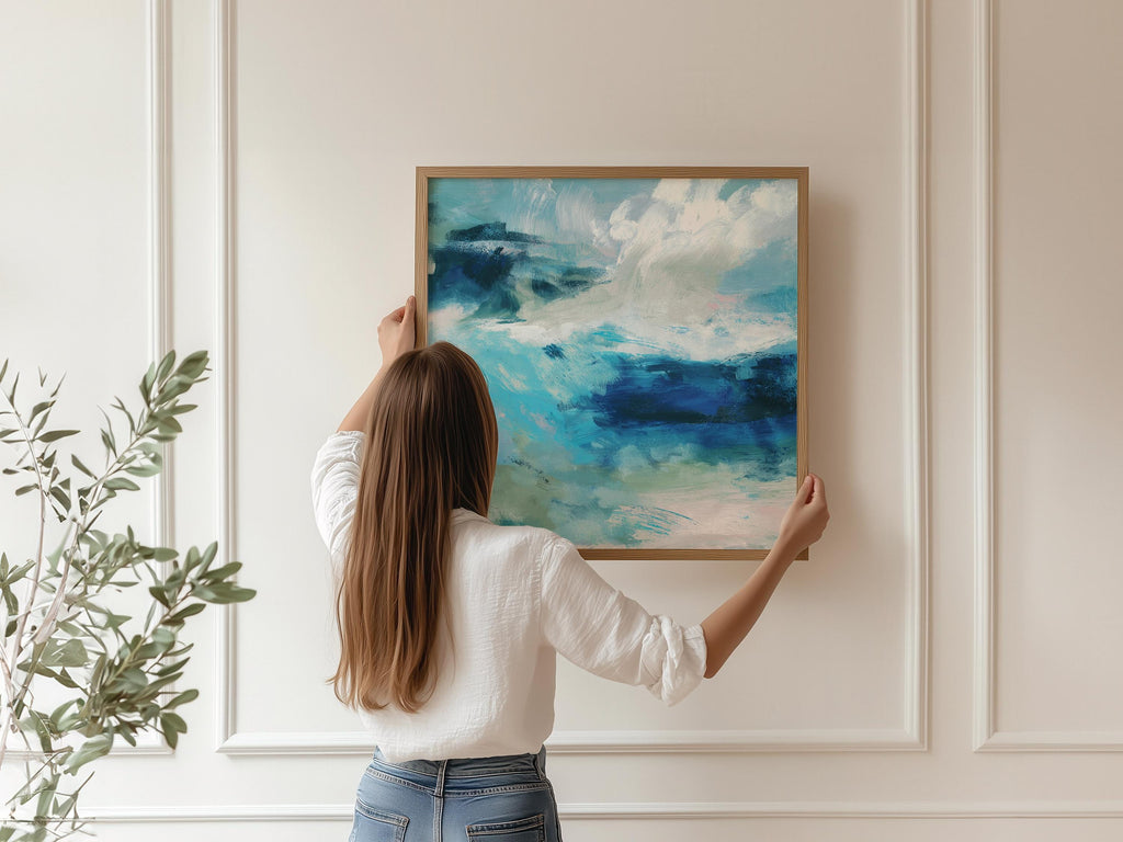 Fine art giclée print of an ocean abstract painting with deep blue, sage green, and white brushstrokes. Designed for modern coastal interiors and beach-inspired spaces. Printed on museum-grade watercolor paper. Available as a fine art poster or canvas wall art for curated, color-forward decor.