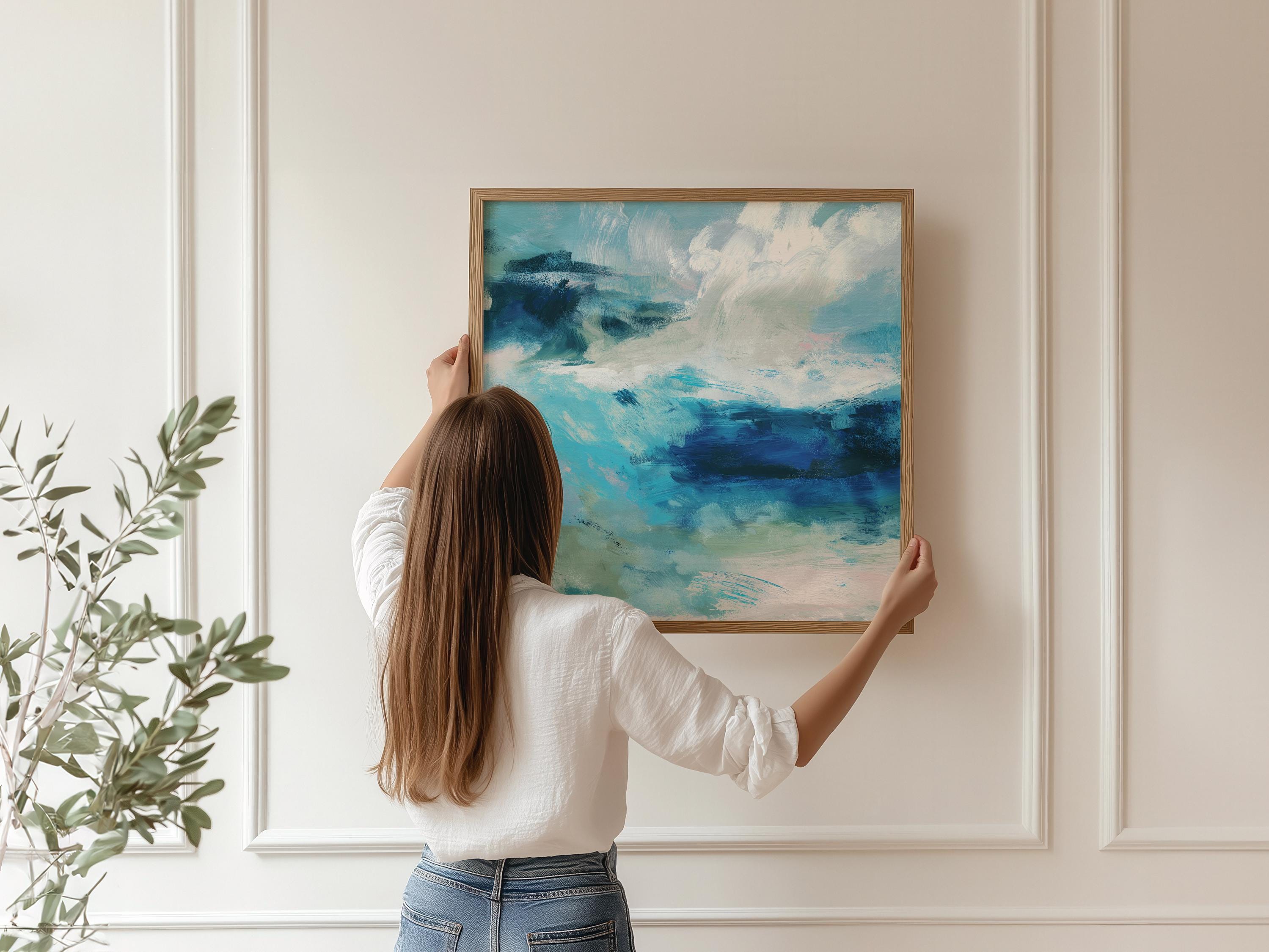 Fine art giclée print of an ocean abstract painting with deep blue, sage green, and white brushstrokes. Designed for modern coastal interiors and beach-inspired spaces. Printed on museum-grade watercolor paper. Available as a fine art poster or canvas wall art for curated, color-forward decor.