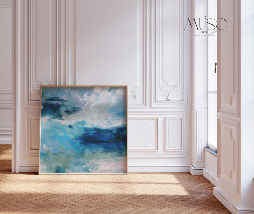 Fine art giclée print of an ocean abstract painting with deep blue, sage green, and white brushstrokes. Designed for modern coastal interiors and beach-inspired spaces. Printed on museum-grade watercolor paper. Available as a fine art poster or canvas wall art for curated, color-forward decor.