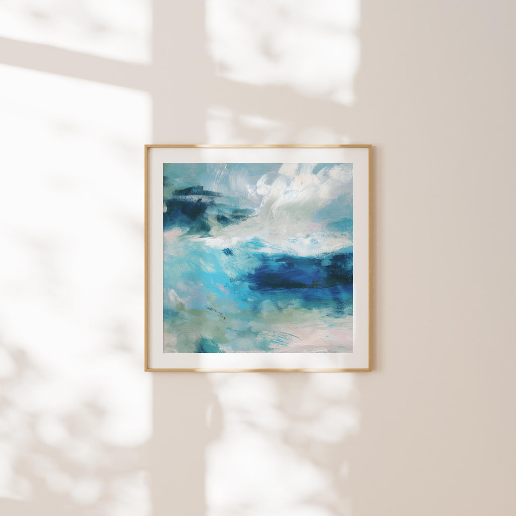 Fine art giclée print of an ocean abstract painting with deep blue, sage green, and white brushstrokes. Designed for modern coastal interiors and beach-inspired spaces. Printed on museum-grade watercolor paper. Available as a fine art poster or canvas wall art for curated, color-forward decor.
