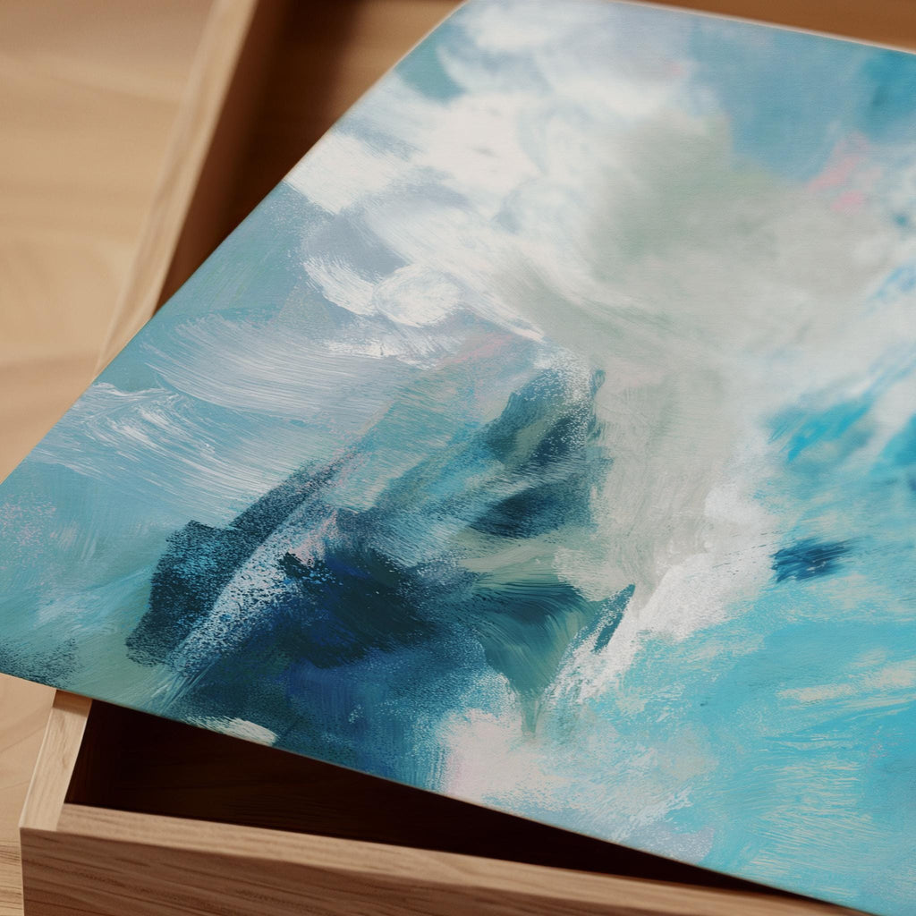 Fine art giclée print of an ocean abstract painting with deep blue, sage green, and white brushstrokes. Designed for modern coastal interiors and beach-inspired spaces. Printed on museum-grade watercolor paper. Available as a fine art poster or canvas wall art for curated, color-forward decor.