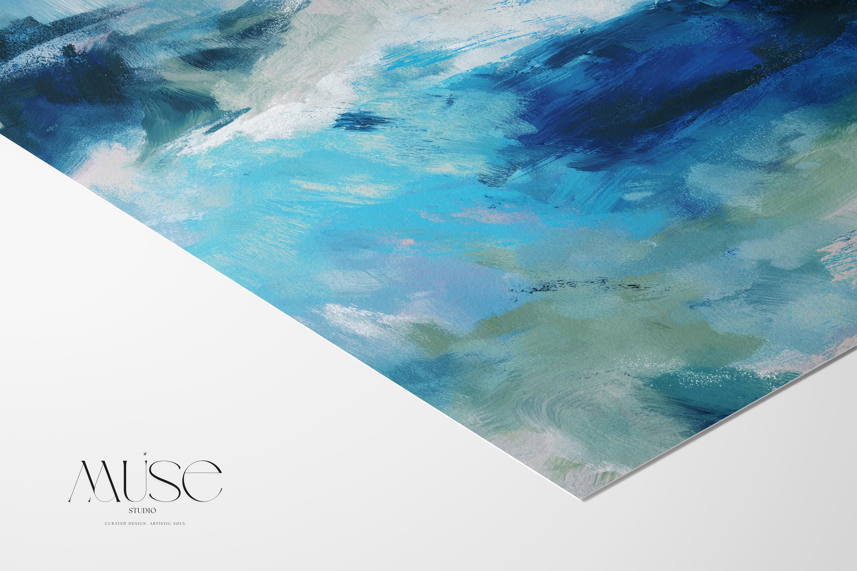 Fine art giclée print of an ocean abstract painting with deep blue, sage green, and white brushstrokes. Designed for modern coastal interiors and beach-inspired spaces. Printed on museum-grade watercolor paper. Available as a fine art poster or canvas wall art for curated, color-forward decor.