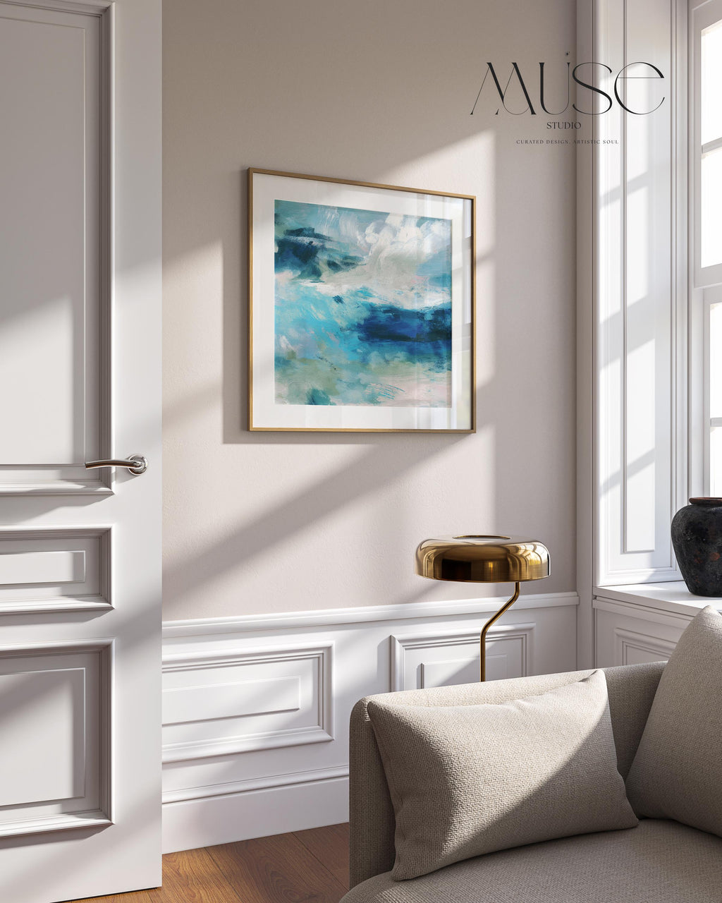 Fine art giclée print of an ocean abstract painting with deep blue, sage green, and white brushstrokes. Designed for modern coastal interiors and beach-inspired spaces. Printed on museum-grade watercolor paper. Available as a fine art poster or canvas wall art for curated, color-forward decor.