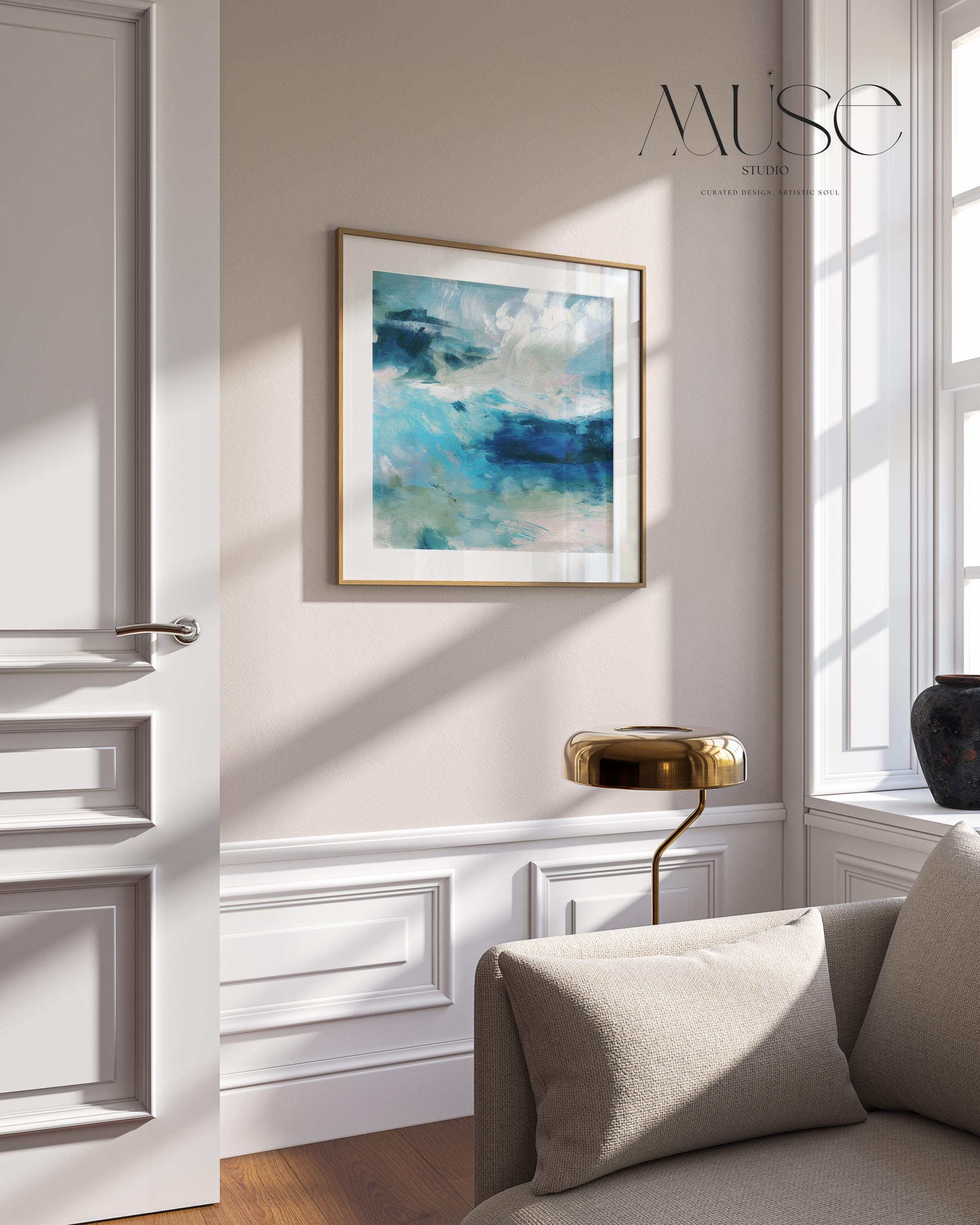 Fine art giclée print of an ocean abstract painting with deep blue, sage green, and white brushstrokes. Designed for modern coastal interiors and beach-inspired spaces. Printed on museum-grade watercolor paper. Available as a fine art poster or canvas wall art for curated, color-forward decor.