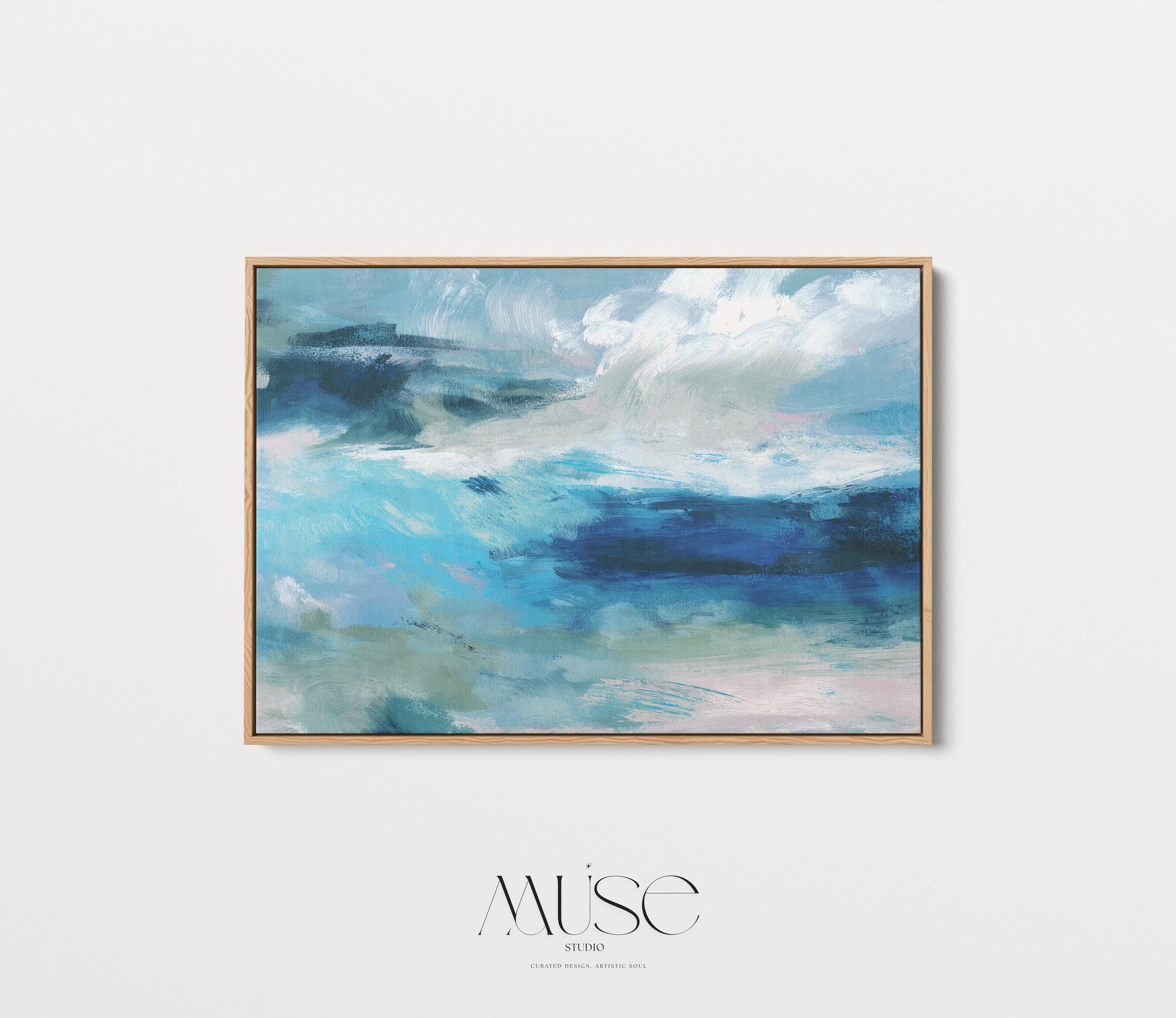 Framed horizontal canvas wall art featuring a coastal abstract with soft blue, sage green, and navy brushstrokes. Designed in a calming, fluid style ideal for beach house interiors, coastal living rooms, or nature-inspired decor. Available as a fine art poster or canvas wall art for curated, color-forward decor.