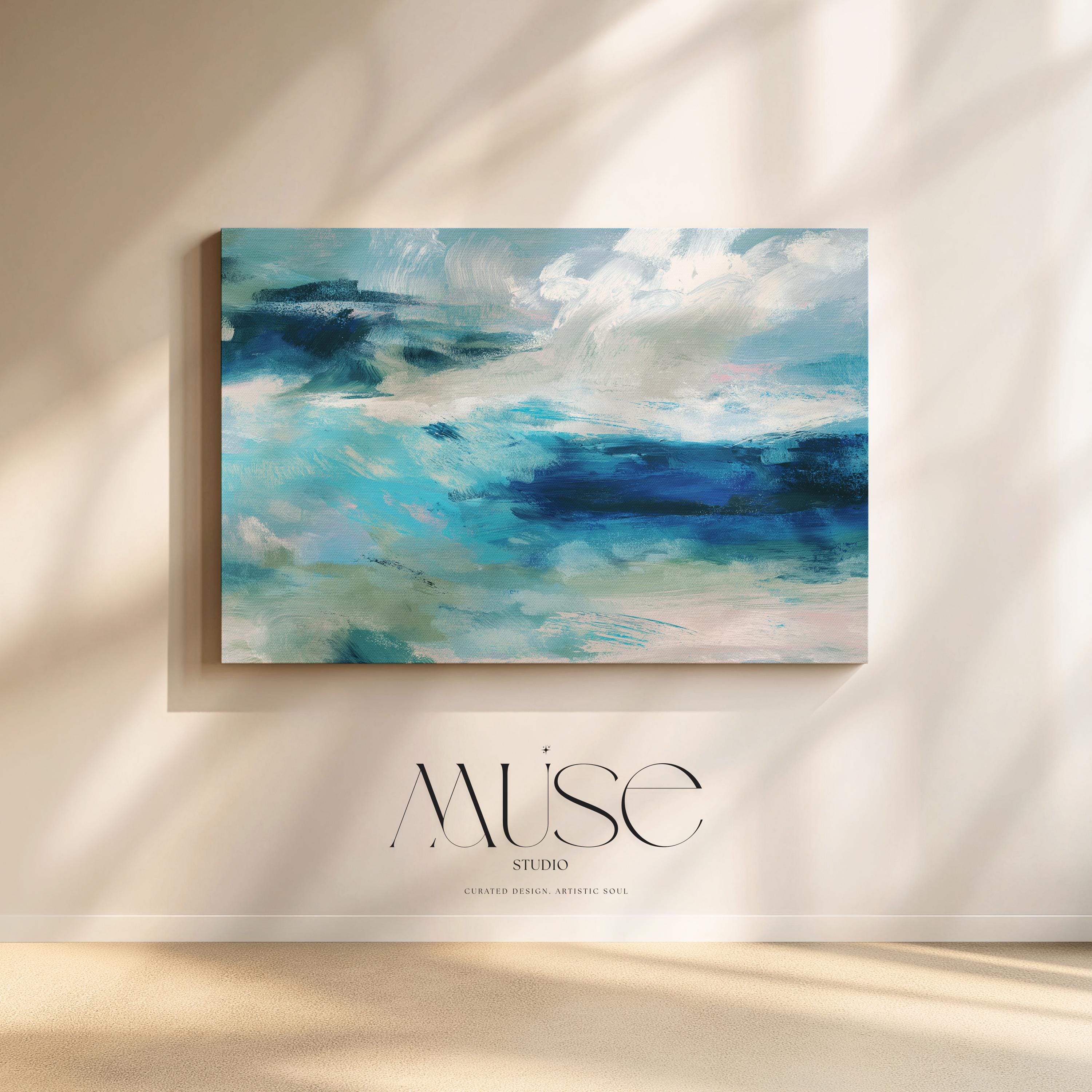 Horizontal coastal canvas wall art featuring layered strokes of ocean blue, sage green, and soft white in an abstract seascape style. Designed for serene, nature-inspired interiors like beach houses, living rooms, and entryways. Available as a fine art poster or canvas wall art for curated, color-forward decor.