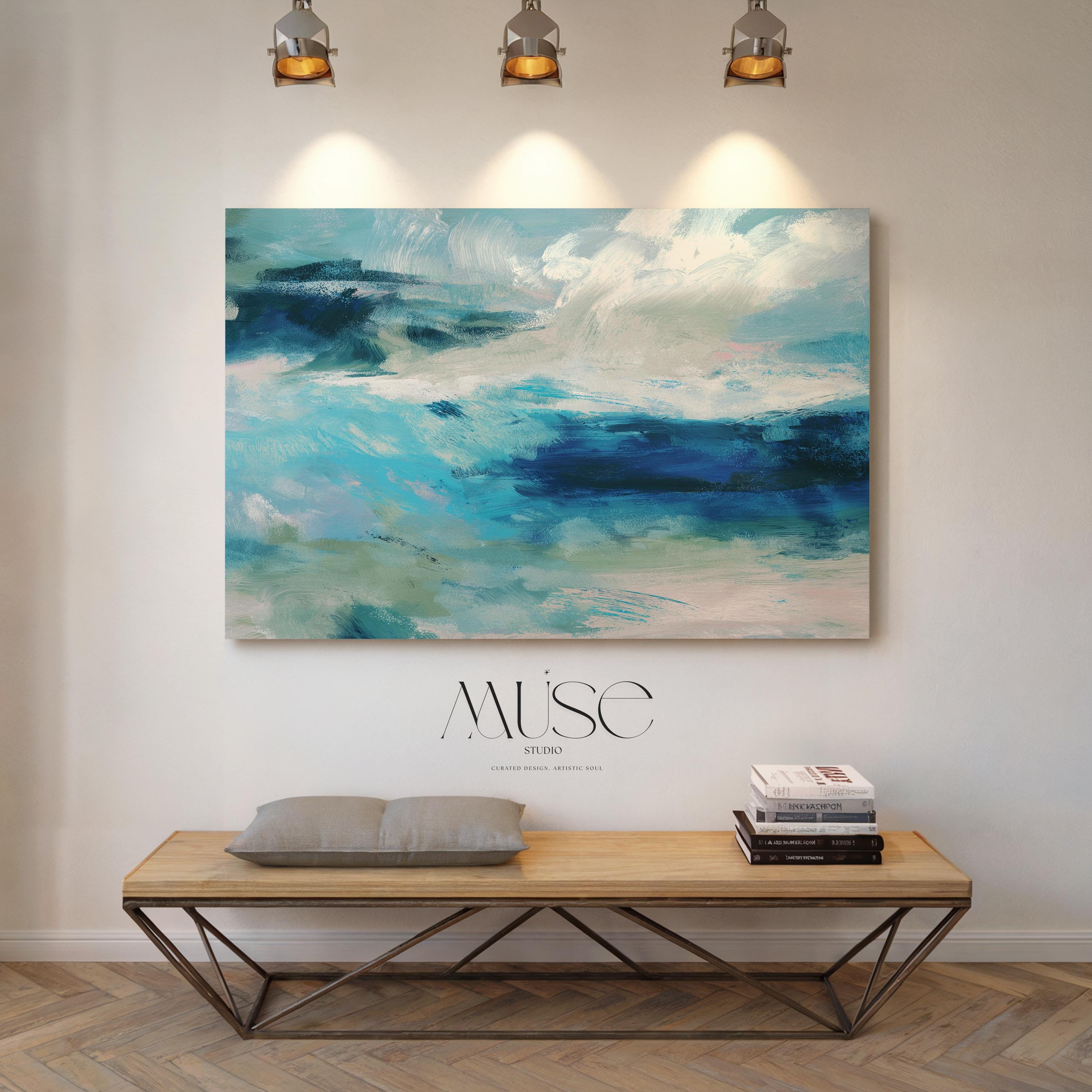 Horizontal coastal canvas wall art featuring layered strokes of ocean blue, sage green, and soft white in an abstract seascape style. Designed for serene, nature-inspired interiors like beach houses, living rooms, and entryways. Available as a fine art poster or canvas wall art for curated, color-forward decor.