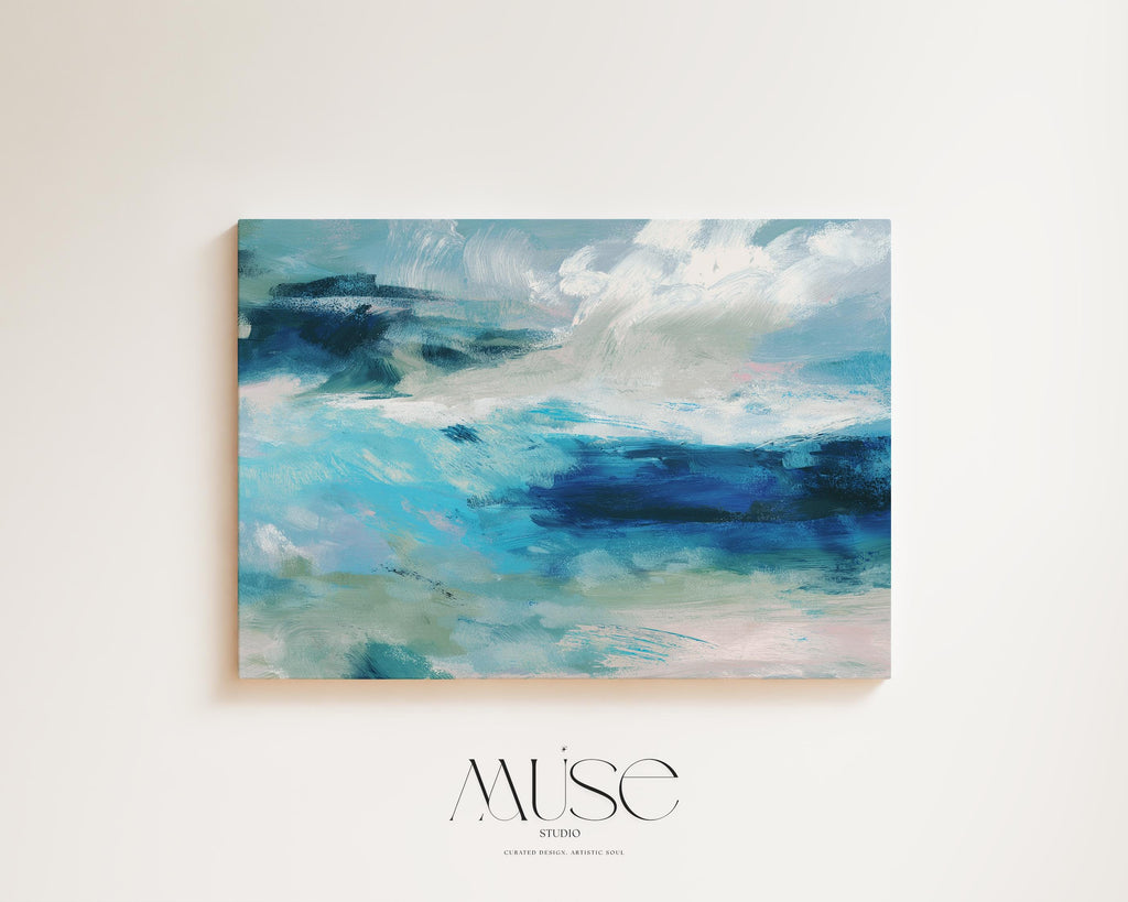 Horizontal coastal canvas wall art featuring layered strokes of ocean blue, sage green, and soft white in an abstract seascape style. Designed for serene, nature-inspired interiors like beach houses, living rooms, and entryways. Available as a fine art poster or canvas wall art for curated, color-forward decor.