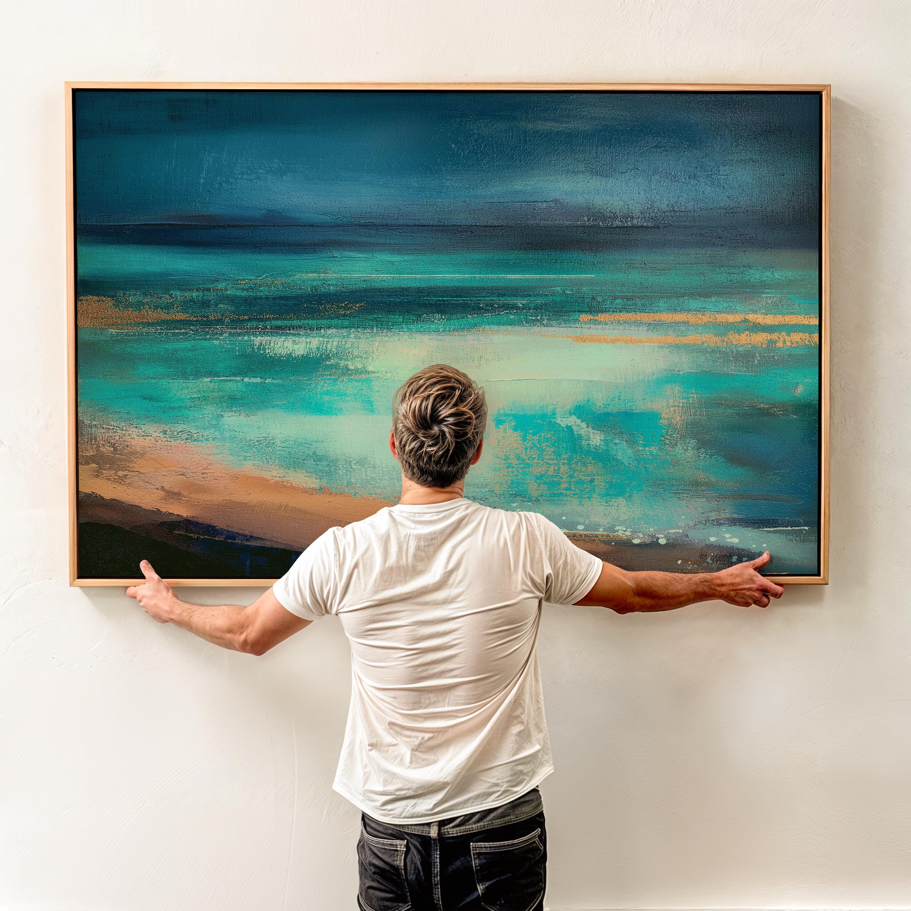 Horizontal coastal canvas wall art in teal, sand, and navy with abstract brush textures. Designed for modern beach homes, entryways, or living rooms styled in warm minimalism or transitional decor. Available as a fine art poster or canvas wall art for curated, color-forward decor.