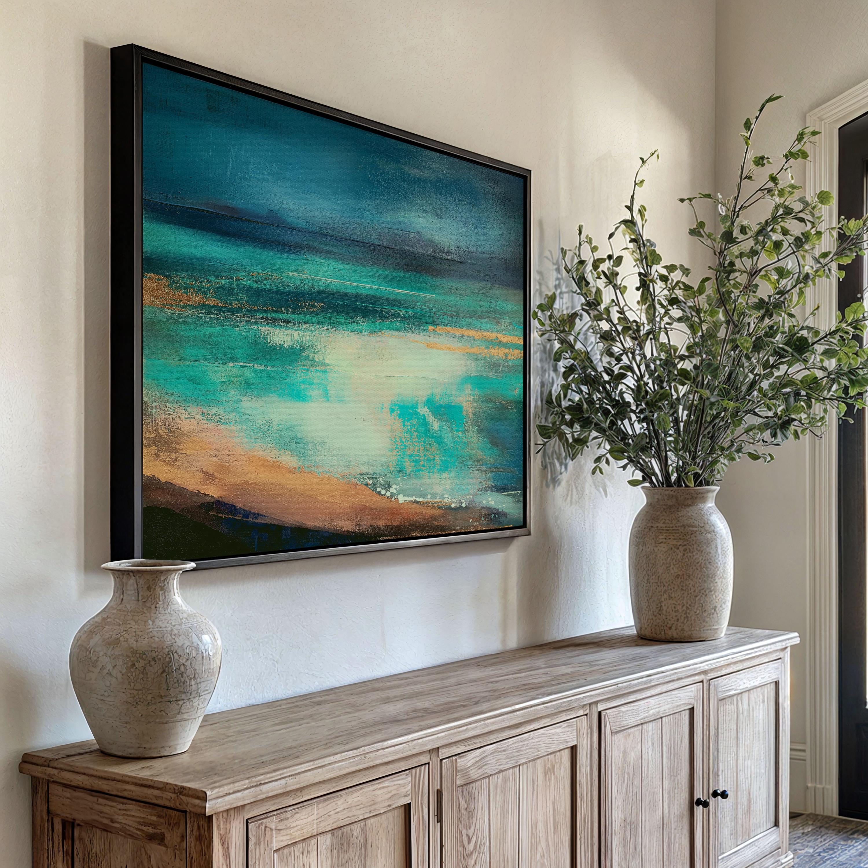 Teal Coastal Canvas Wall Art • Horizontal Abstract Painting in Aqua Sand and Navy • Large Beach House Living Room Decor • Muse Studio | 330