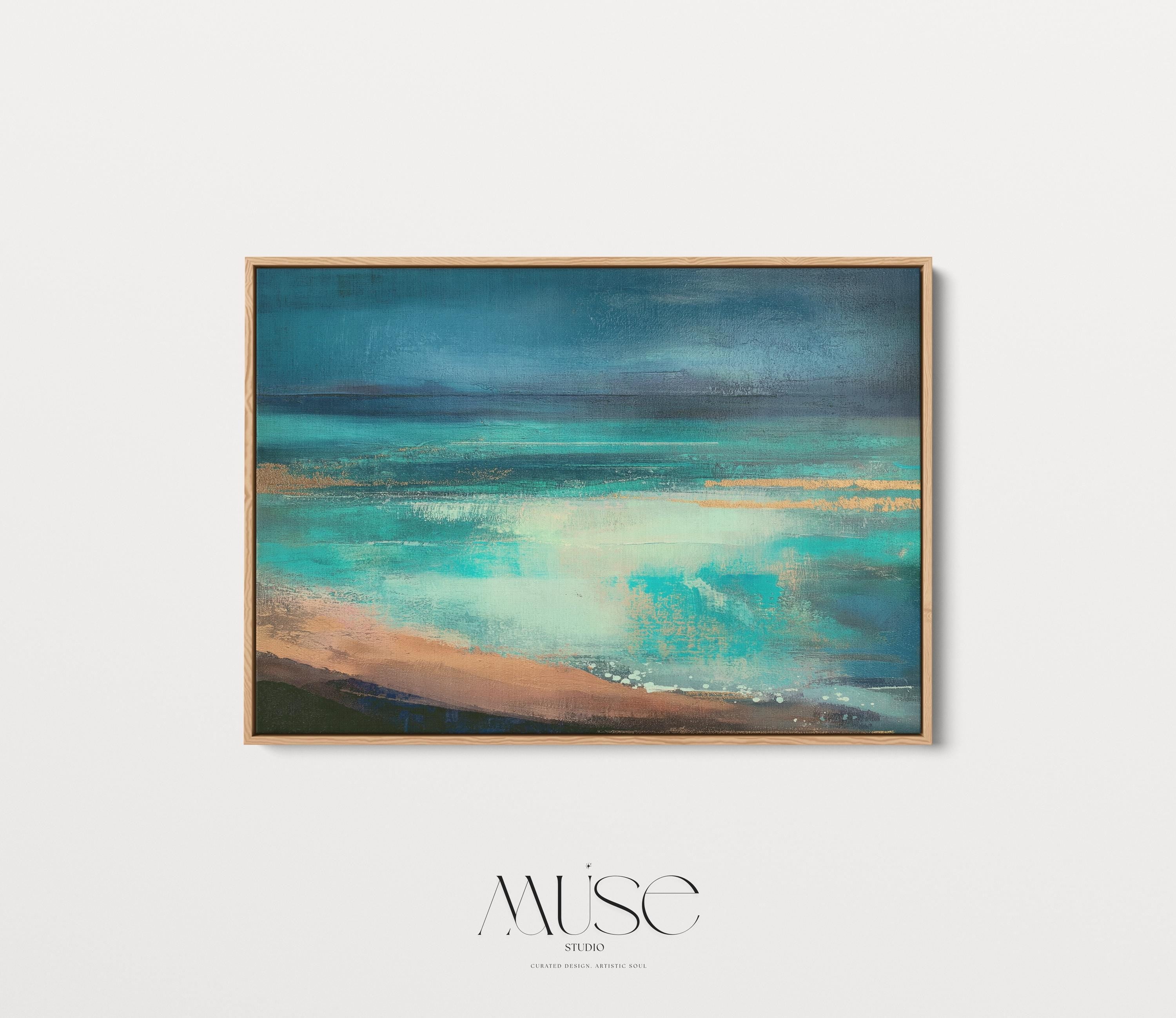 Teal Coastal Canvas Wall Art • Horizontal Abstract Painting in Aqua Sand and Navy • Large Beach House Living Room Decor • Muse Studio | 330