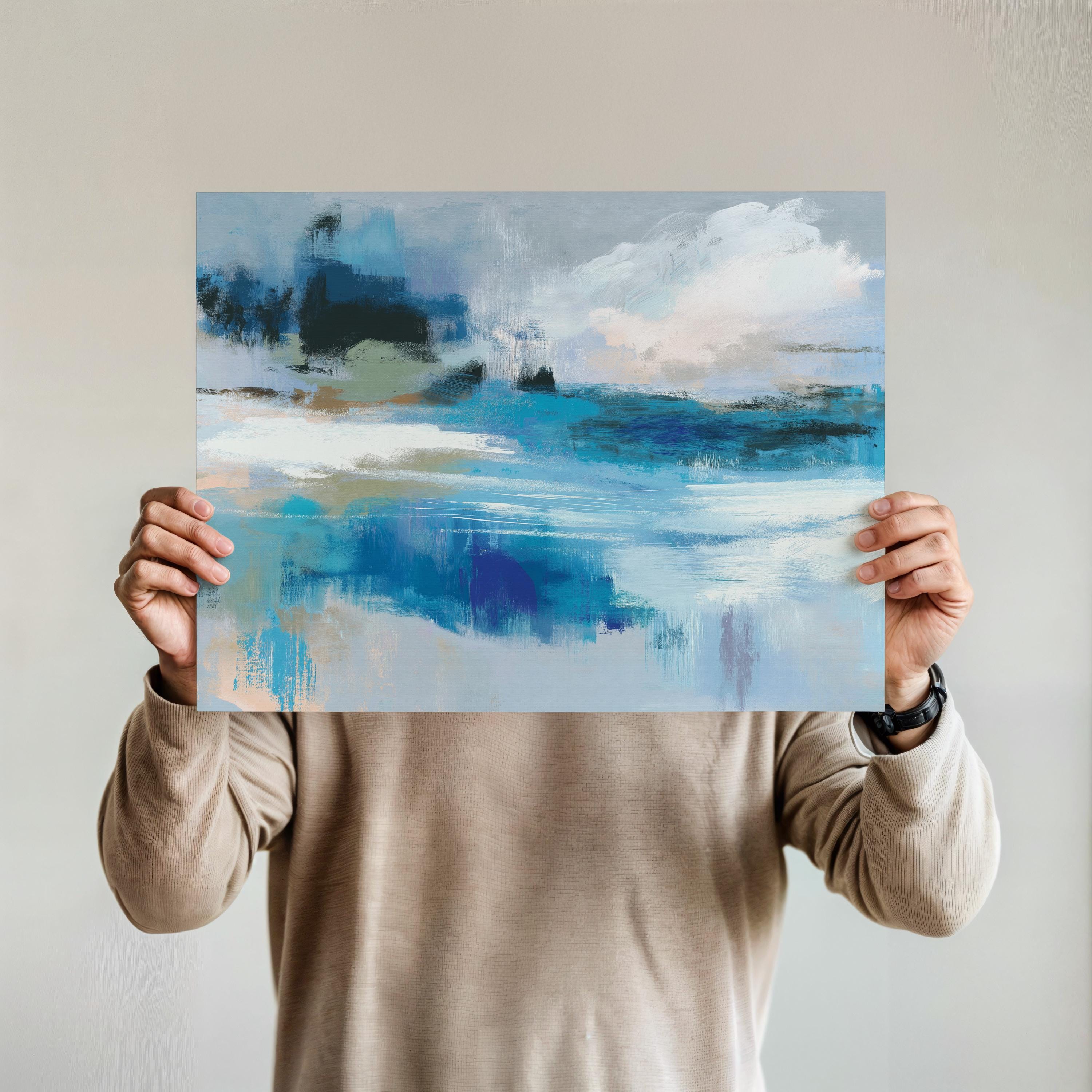 Living Room Decor - Abstract Wall Art Print - Oversized Blue Canvas - Minimalist Statement Art for Home, Beach House Summer Decor | 347