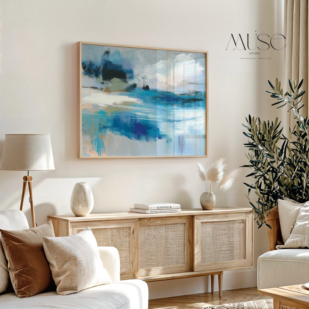 Living Room Decor - Abstract Wall Art Print - Oversized Blue Canvas - Minimalist Statement Art for Home, Beach House Summer Decor | 347