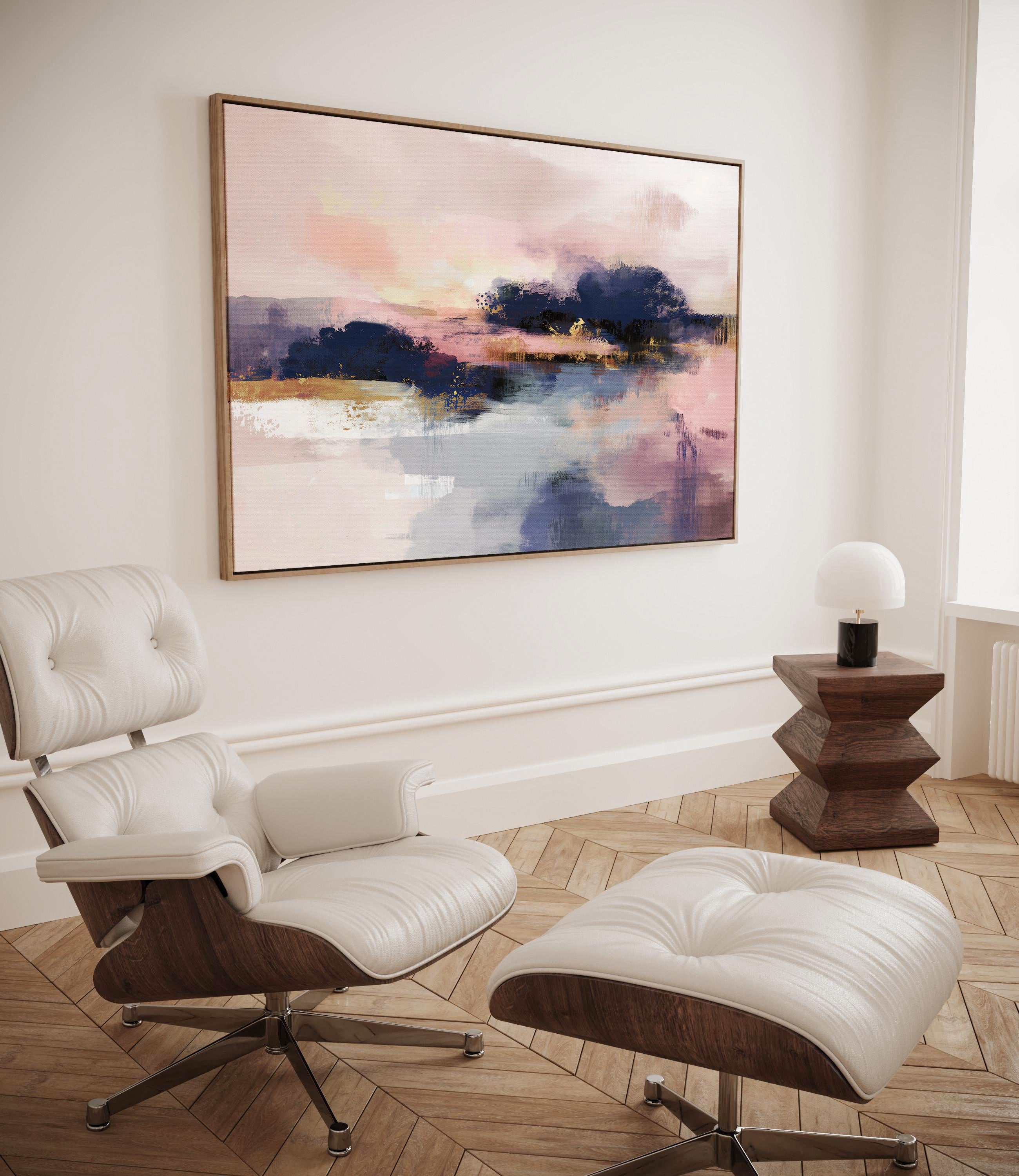 Blush Navy Abstract Canvas Wall Art, Extra Large Horizontal Art for Bedroom or Office, Soft Contemporary Decor Framed Statement Art 515