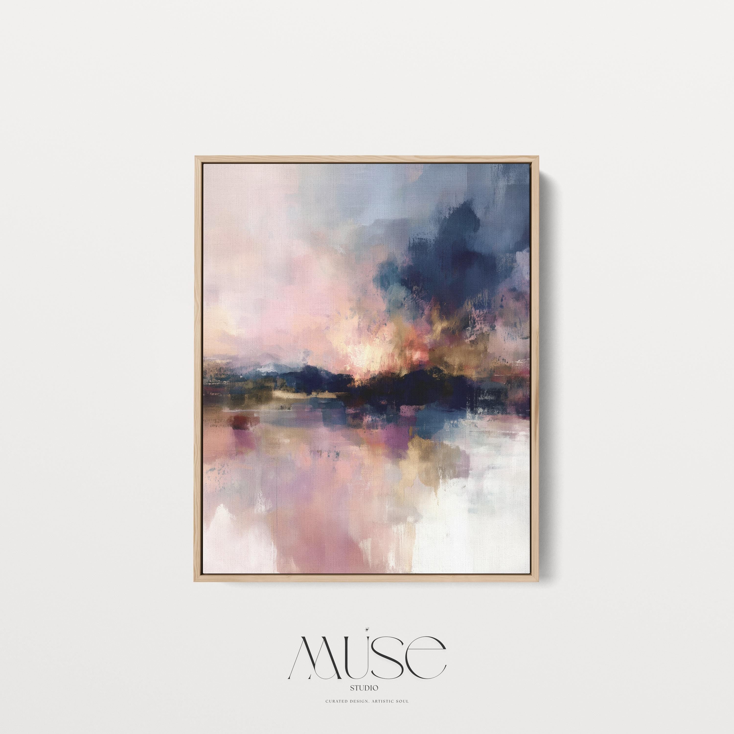 Vertical abstract framed canvas art in smoky plum, blush pink, cream, and navy. Features painterly textures and glowing contrast. Ideal for romantic bedrooms or transitional entryway styling. Available as a floating framed or gallery-wrapped canvas for elevated decor spaces.