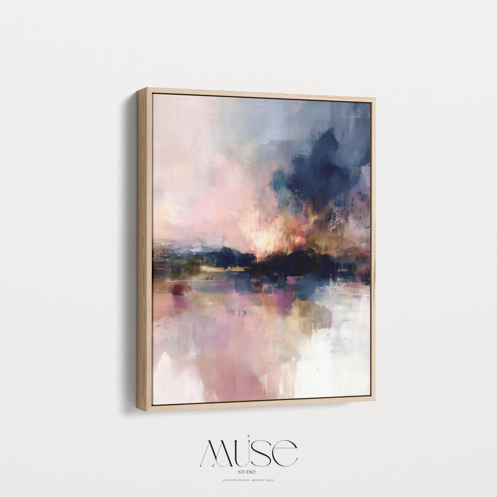 Vertical abstract framed canvas art in smoky plum, blush pink, cream, and navy. Features painterly textures and glowing contrast. Ideal for romantic bedrooms or transitional entryway styling. Available as a floating framed or gallery-wrapped canvas for elevated decor spaces.