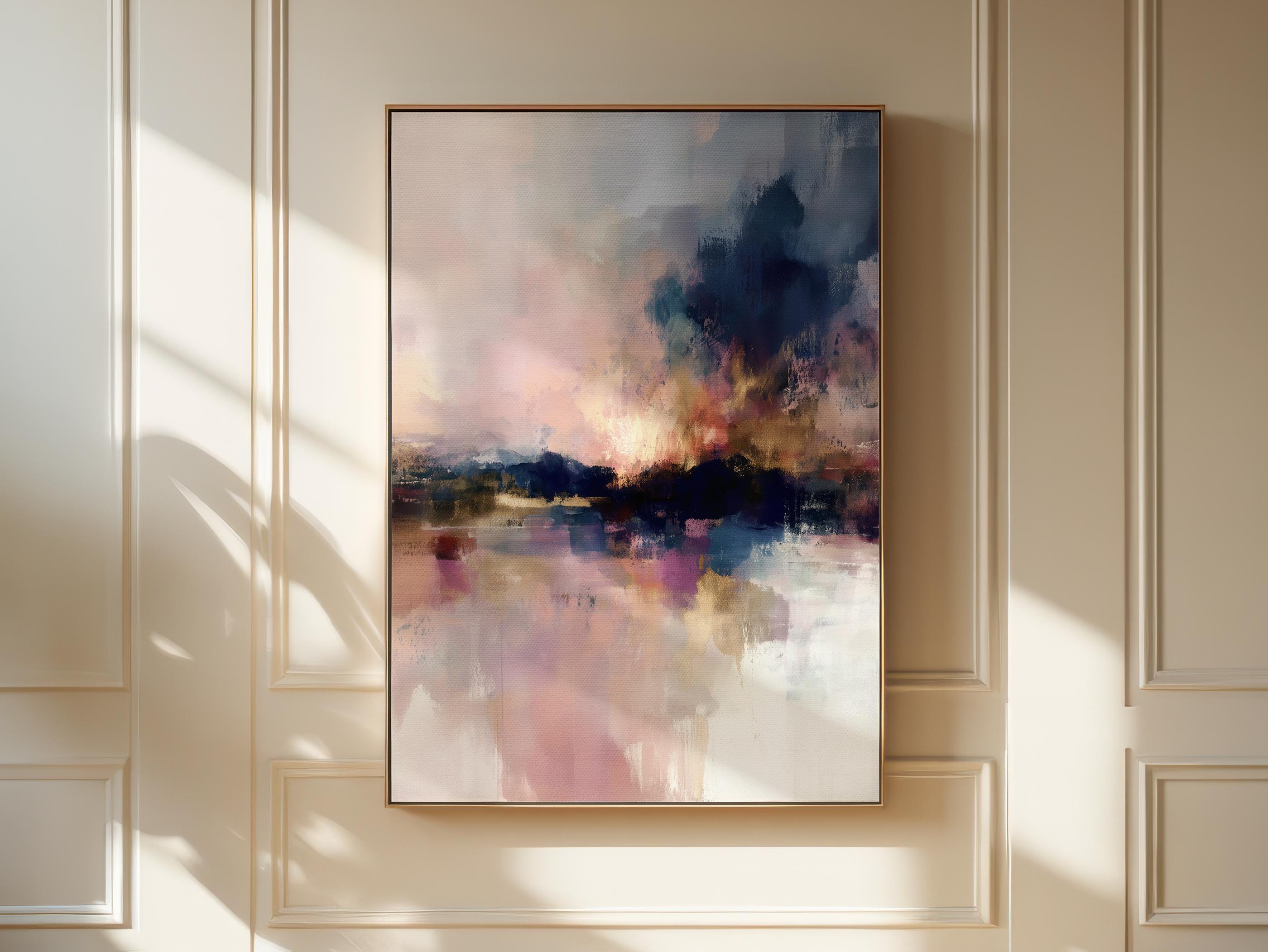 Vertical abstract framed canvas art in smoky plum, blush pink, cream, and navy. Features painterly textures and glowing contrast. Ideal for romantic bedrooms or transitional entryway styling. Available as a floating framed or gallery-wrapped canvas for elevated decor spaces.